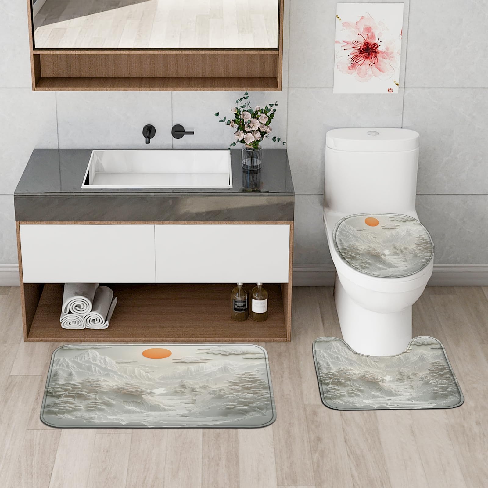 Lot de 4 rideaux de douche en forme de montagne avec tapis antidérapant, tapis en forme de U et tapis de couvercle de toilette, blanc 3D nature, ensemble d'accessoires de salle de bain, 183 x 183 cm