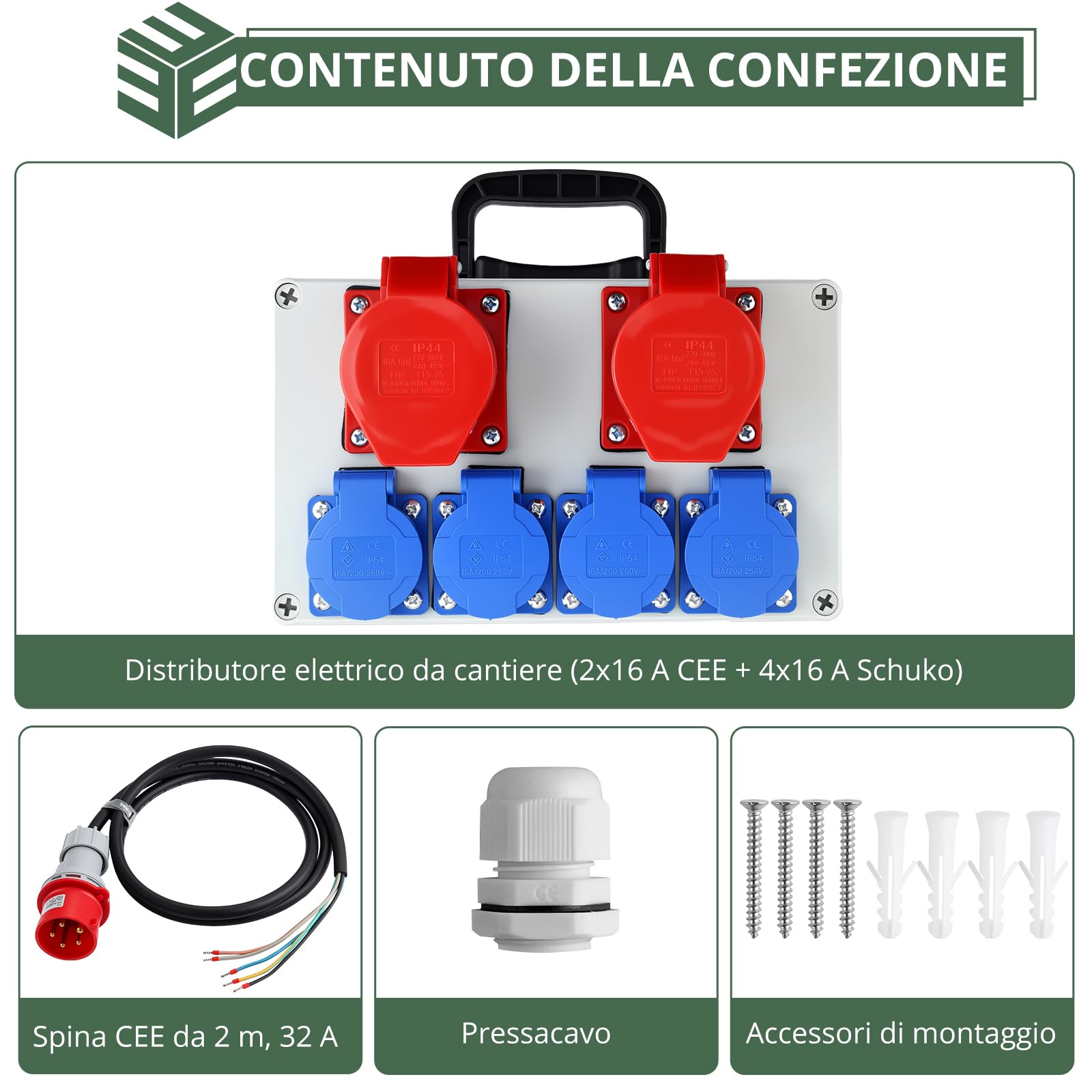EYPINS Distributore di Corrente da Cantiere,Cavo 2M, 4 Schuko+2 CEE 16 A | Protezione FI/LS,Presa Schuko e CEE,Quadro Elettrico Esterno da Parete,Impermeabile IP66,per Giardino,Garage,Officina,Cortile