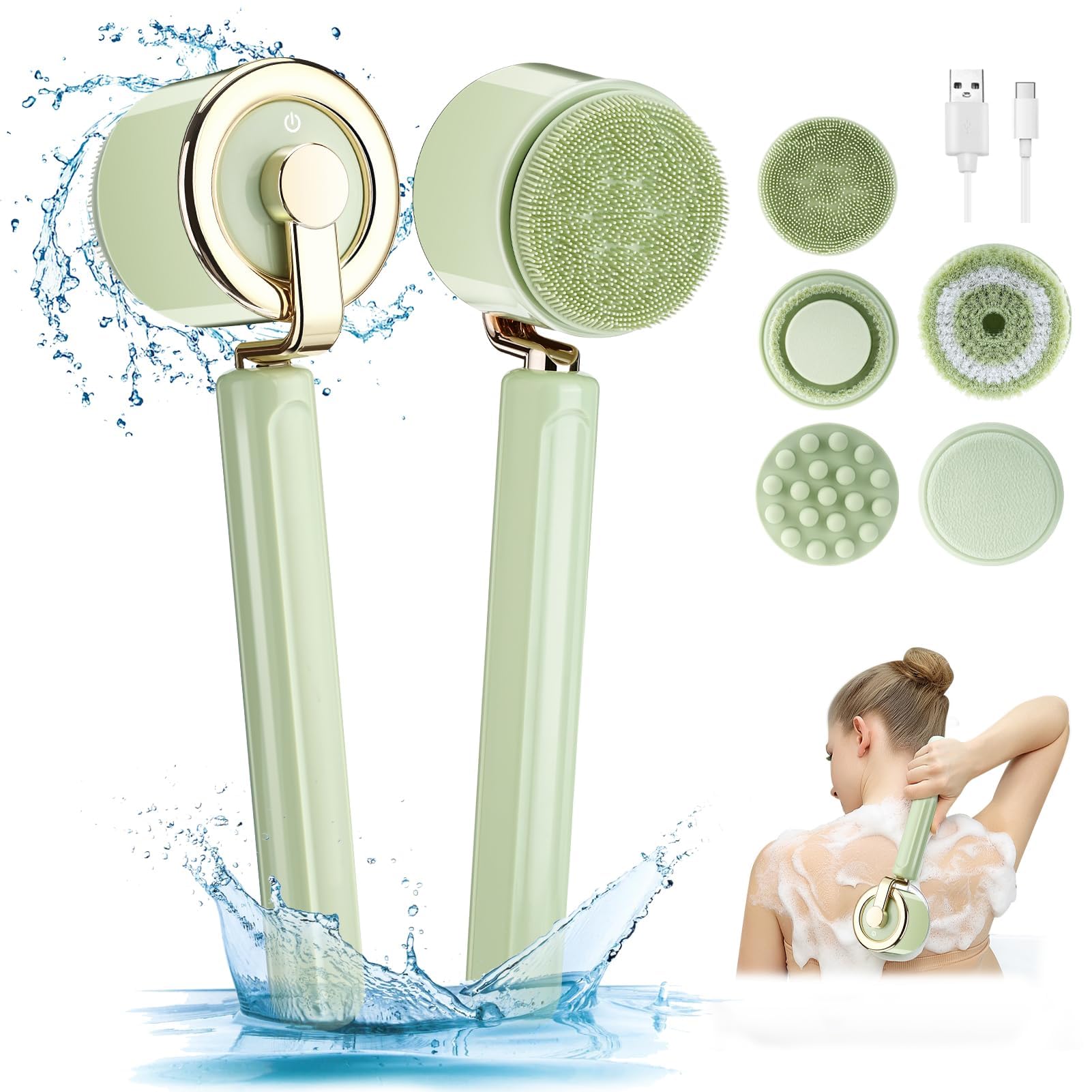 KASTWAVE Electric Body Scrubber with 5 Large Brush Heads, Long Handle Shower Back Scrubber for Body,3 Gear Adjustment Deep Cleansing Body Scrub Brush for Women & Men & Elderly