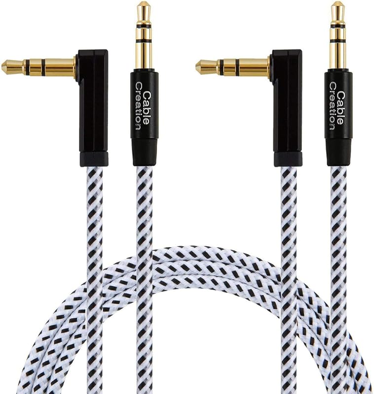 CableCreation 2Pack 3.5mm Auxiliary Audio Cable 6FT/1.8m, 3.5mm Audio Cable | 90 Degree Right Angle for iPhone, iPod, iPad, Smartphones, Tablets, Speakers, Laptops, 24K Gold Plated, Black & White