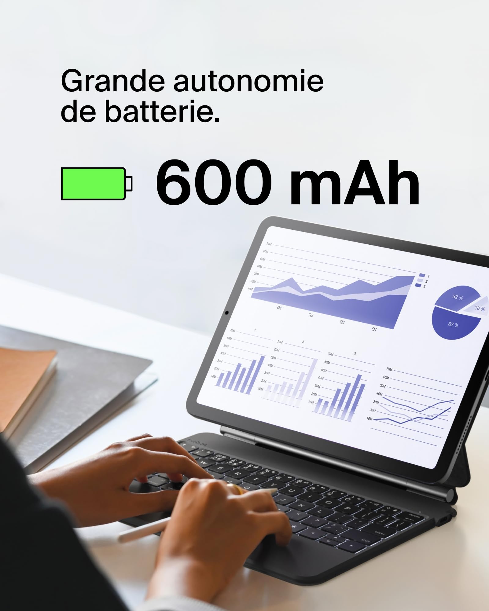Belkin Pro Coque Clavier iPad avec support magnétique, touches Bluetooth rétroéclairées, gestes trackpad, support Apple Pencil, AZERTY, touches multimédia, pour iPad Air 11” M3/M4 et Pro 11”