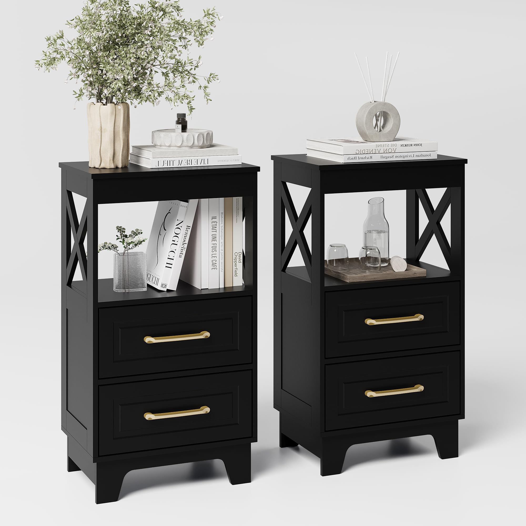 Tall Nightstand Set of 2 Side Table with 2 Drawers