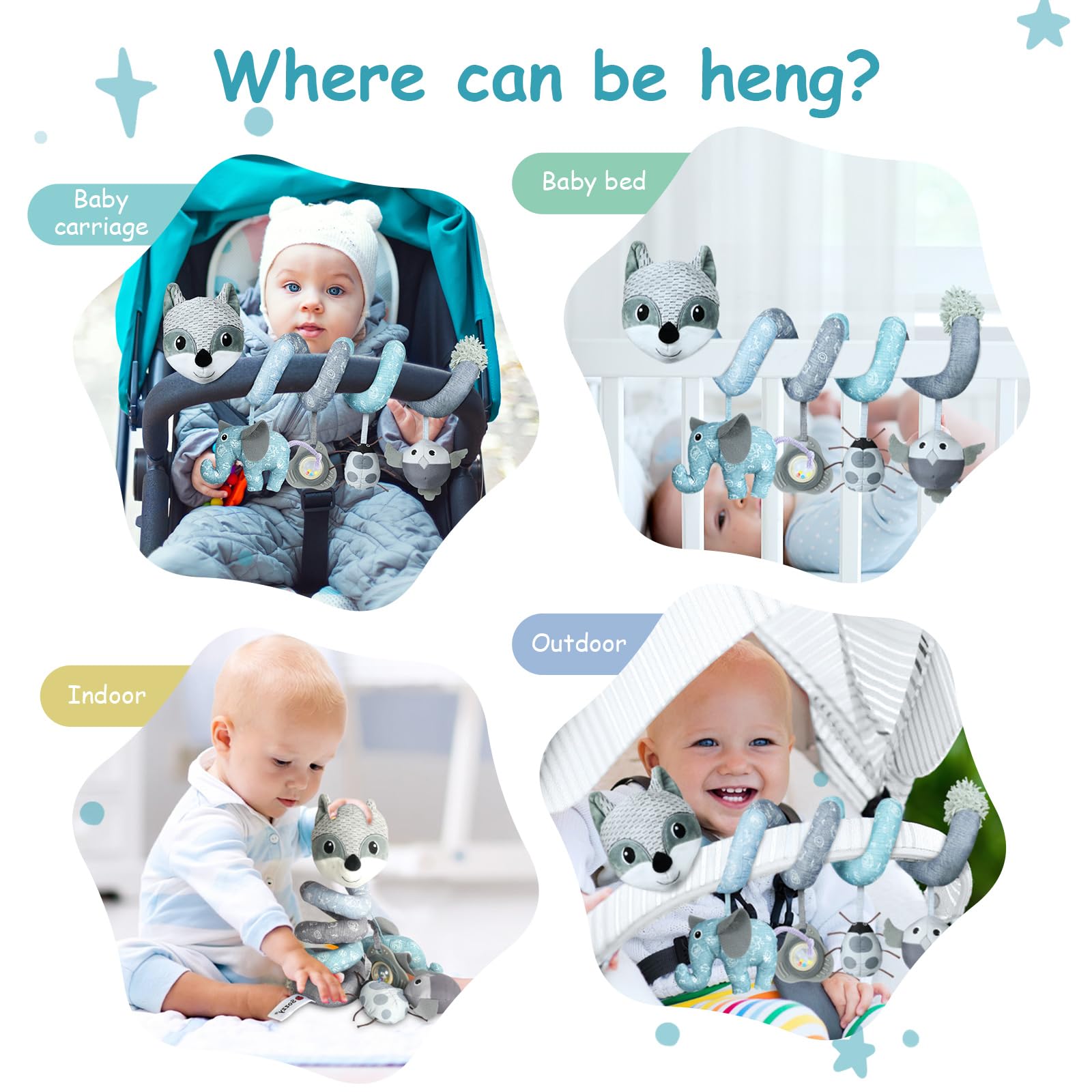 Vicloon Colgantes para Cochecitos Juguetes para Bebé de 0 a 24 Meses, Juguetes de Peluche en Espiral para Bebé con Mordedor y Sonajero, para Cochecitos/Cunas/Asientos de Automóviles (Zorro Gris) — view 6
