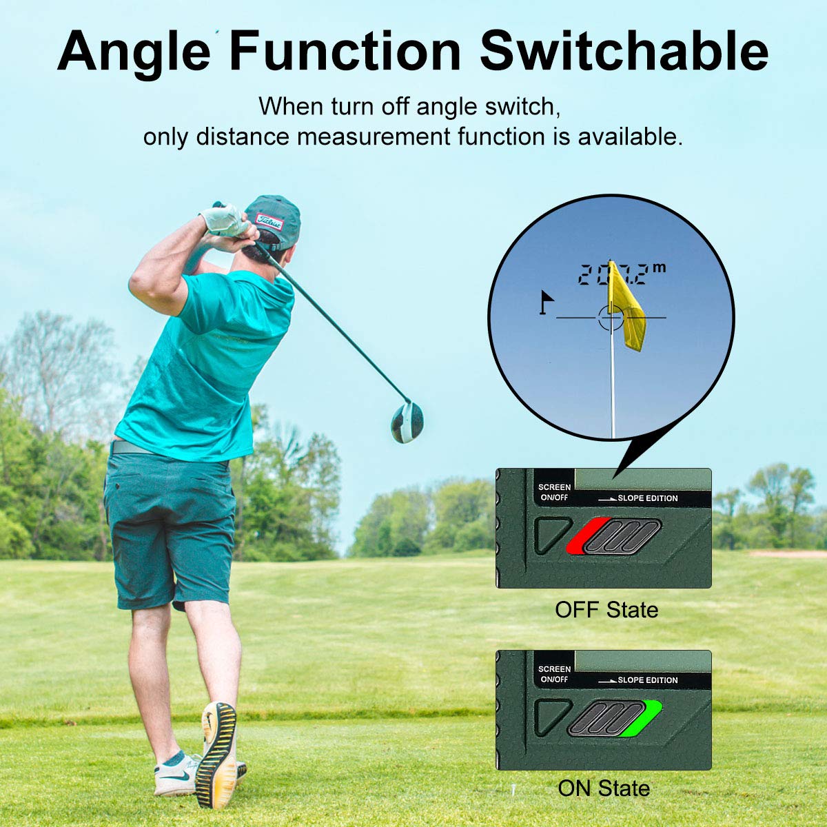 Huepar HLR1000 Pro Telémetro de golf 1100 yardas - 6X Buscador de alcance láser con trayectoria/Flagpole Bloquear/Distancia/Velocidad, caza, uso en exteriores/Distancia/Velocidad, Pantalla LCD externa