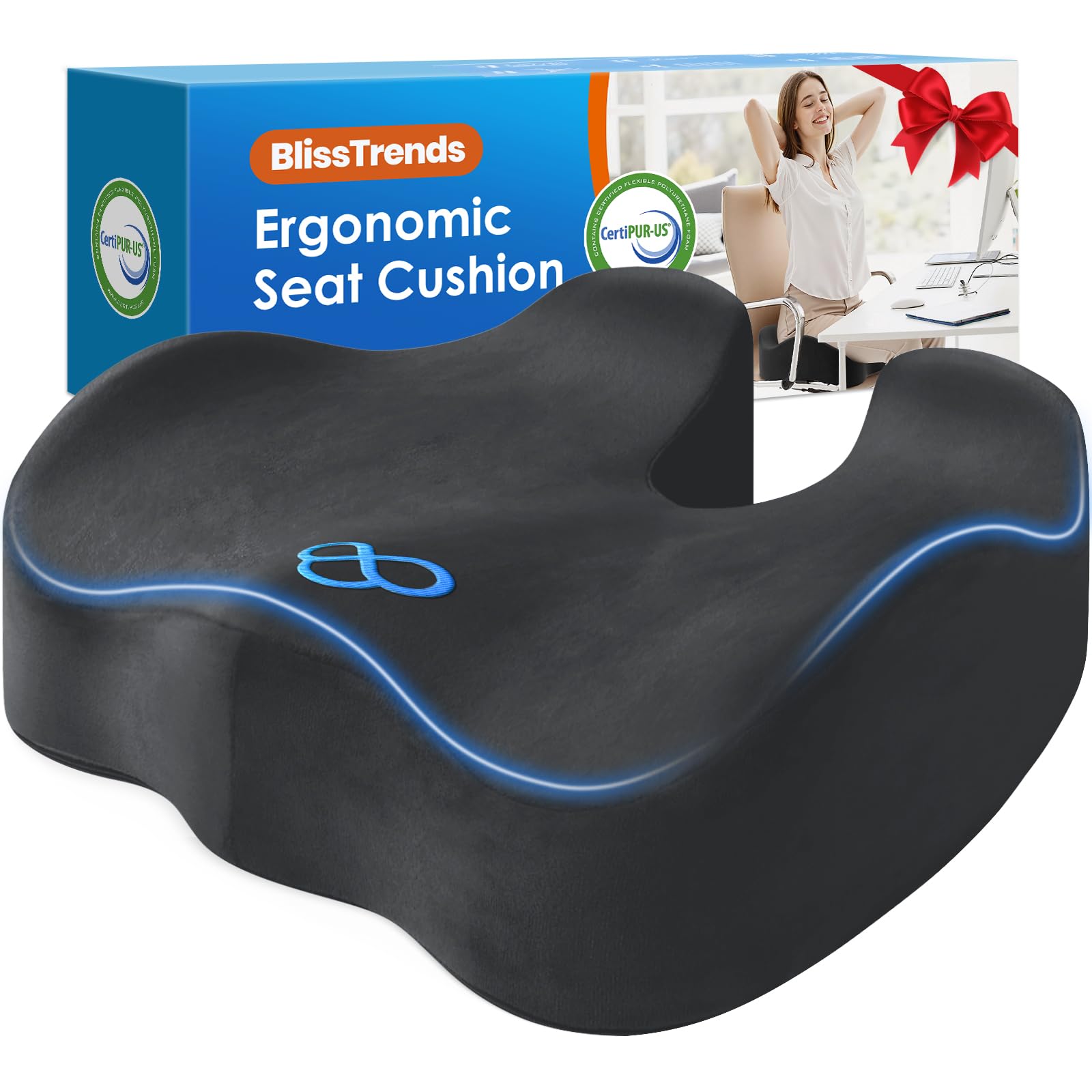 BlissTrends Cuscino per sedile in memory foam da 13,2 cm di spessore, per sedia da ufficio, seggiolino auto, aereo, allevia la pressione del coccige sciatico, dolori alla schiena