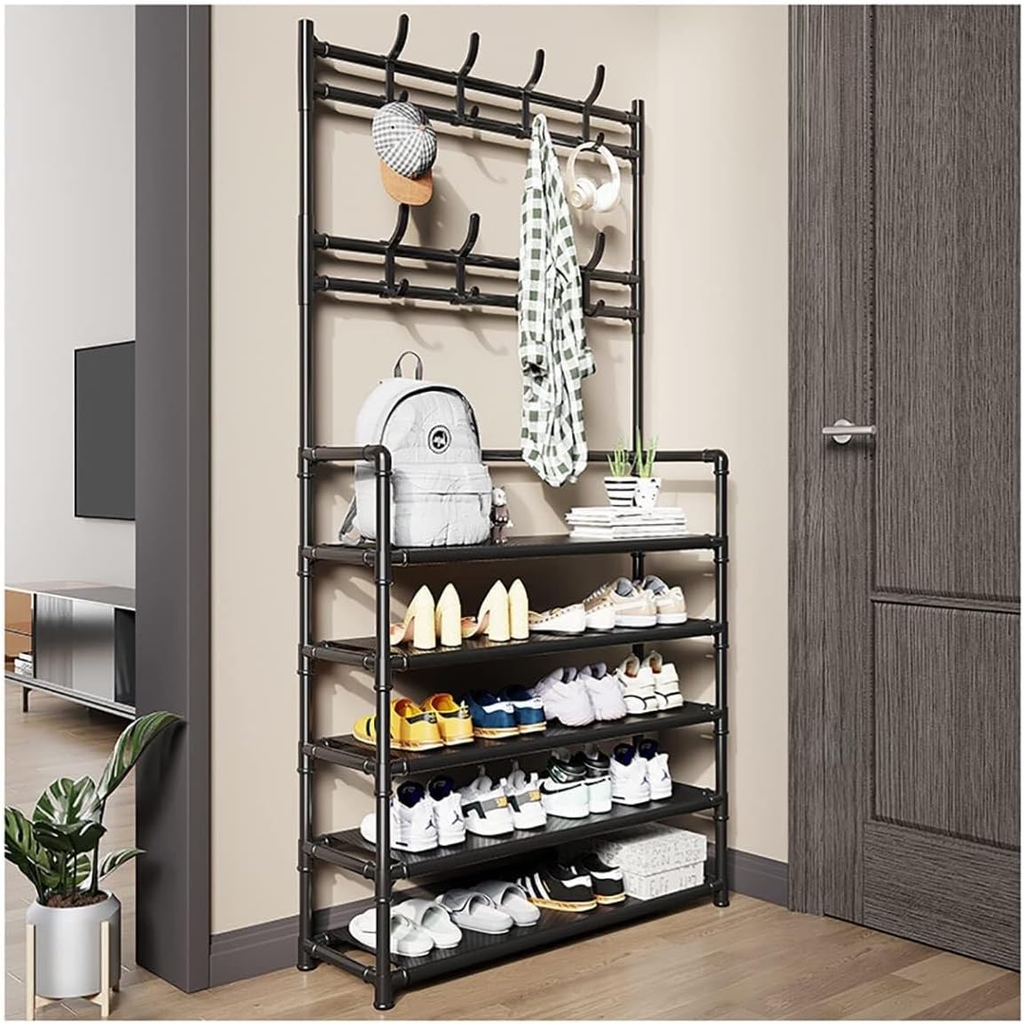 Shoe and Coat Rack with Bench, 4/5-Tier Freestanding Hall Tree with 8 Hooks for Entryway, Bedroom, Office, 80cm