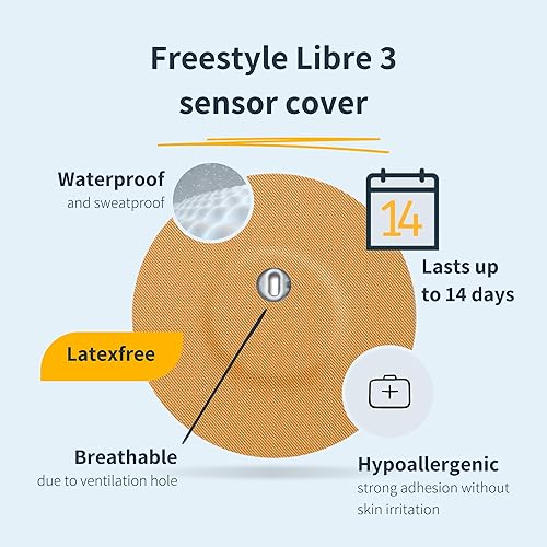 Miniatura 2 de Paquete de 25 cubiertas de sensores Freestyle Libre 3 impermeables con orificio de ventilación azul hielo - Dura hasta 14 días, parches adhesivos a