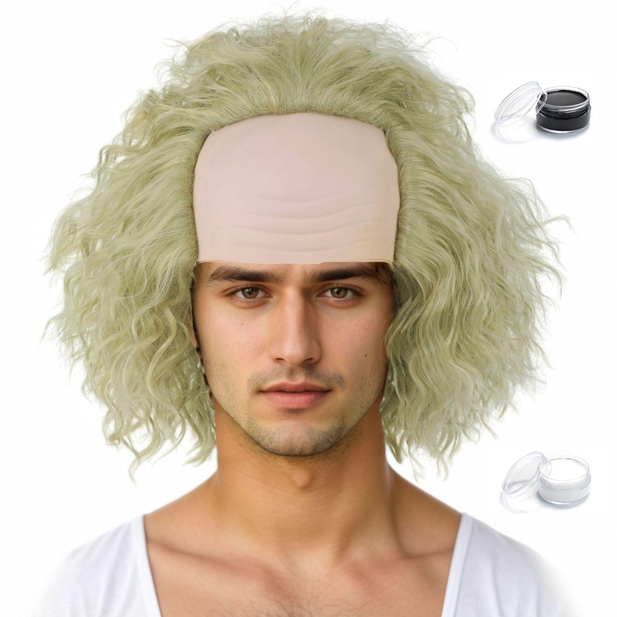 Short Mess Bald Headpiece Men Wig Accessories for Clown Cosplay Gothic Halloween Costume Wigs (Green(with Face Painting Cream))