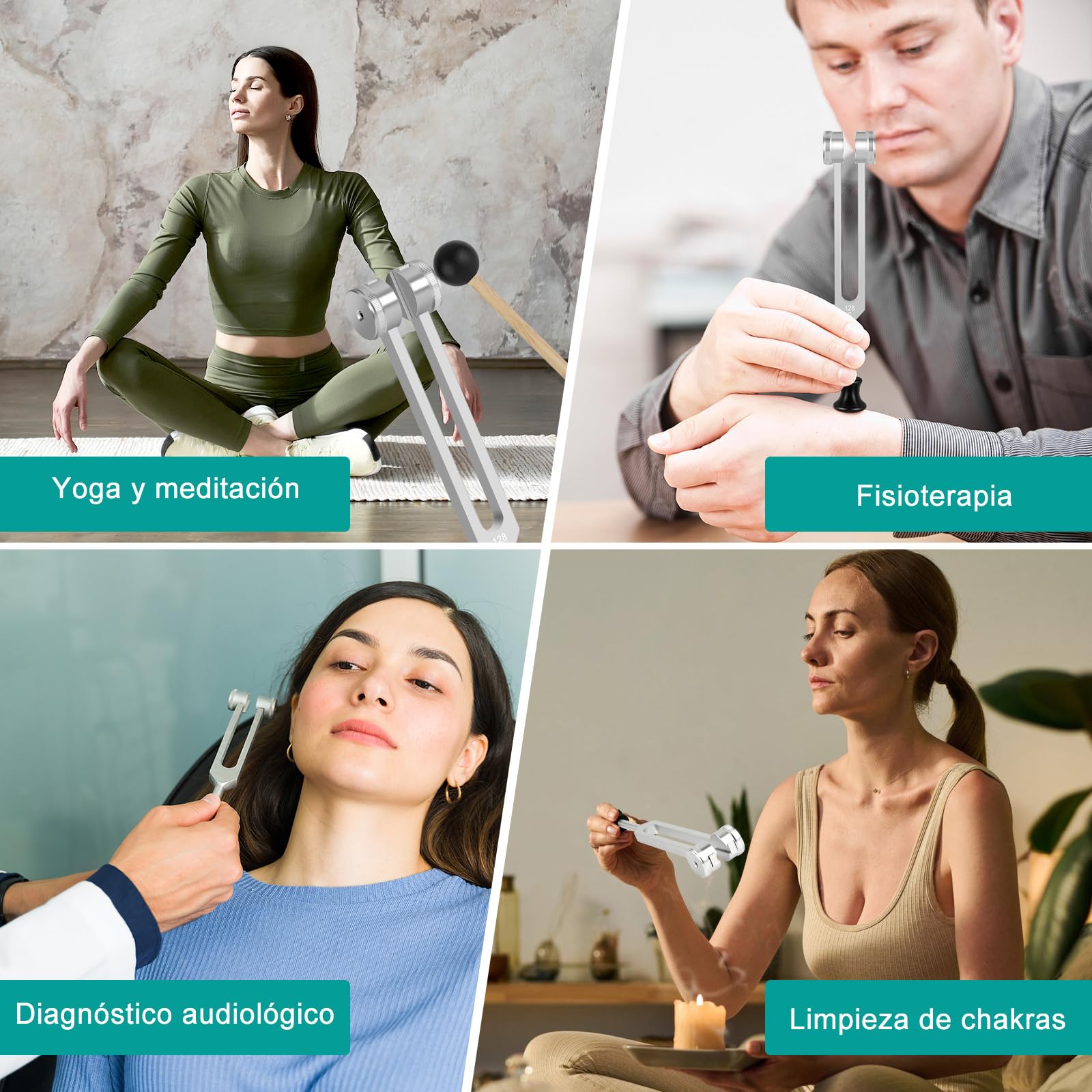 POFIBO Set de Diapasón Terapéutico (128Hz/256Hz/512Hz) – Diapasón Set para Terapia de Frecuencia, Relajación, Yoga y Meditación (con Martillo y Bolsa)
