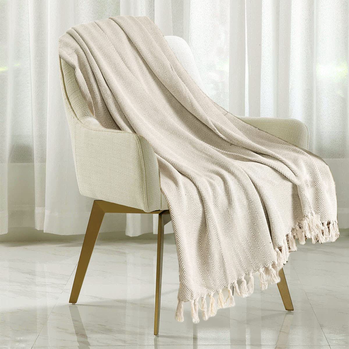 Herringbone Throw for Sofa and Bed, Large 3 Seater Sofa Cover, Single and Double King Size Bed Blanket, Beige Throw King (259cms x 259cms)