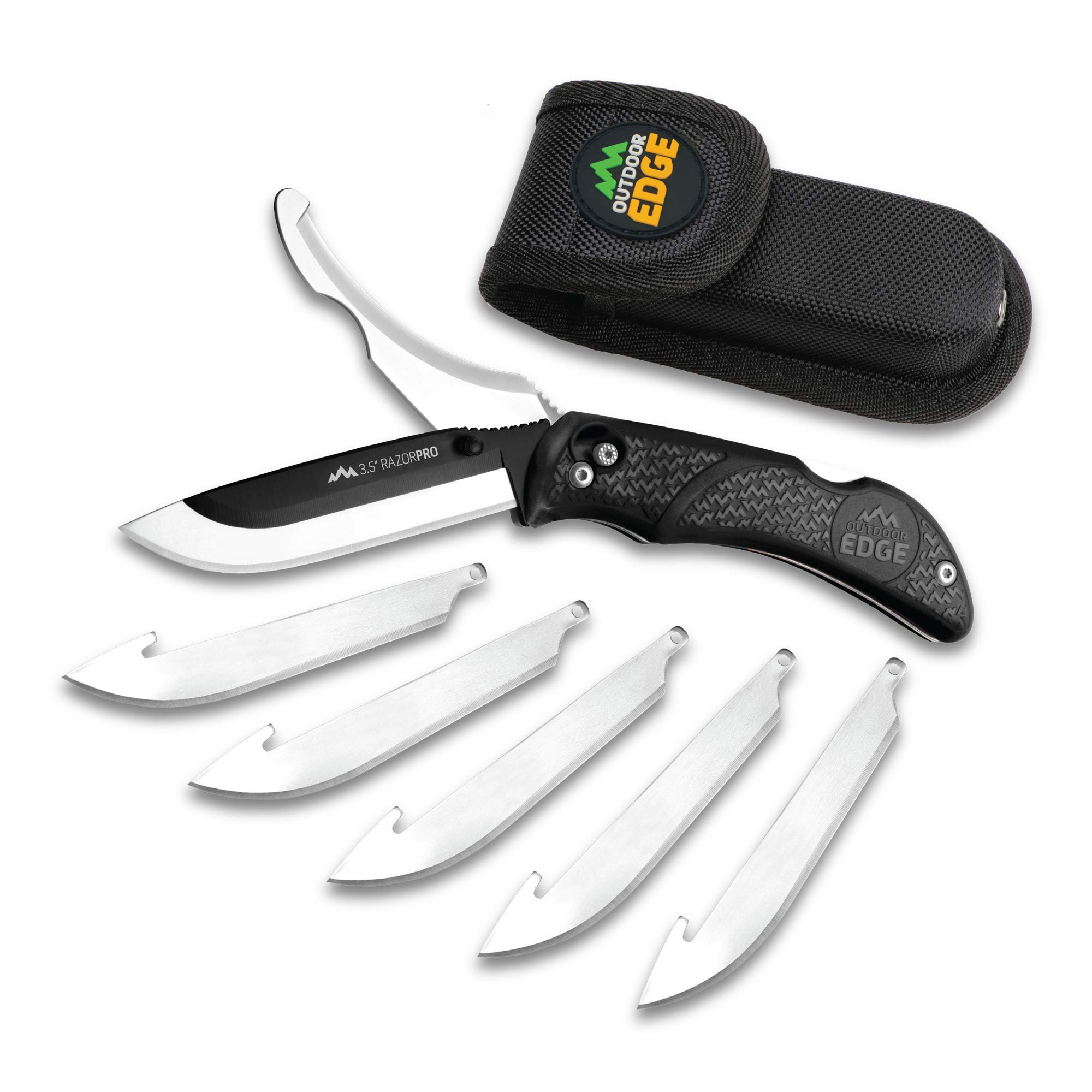 OUTDOOR EDGEOUTDOOR EDGE RazorPro G Double Blade Hunting Knife – Replaceable Razor Sharp Skinning Blade & Gutting Knife for Fast Field Dressing, Non-Slip Black Handle, Black Sheath with 6 Extra Blades