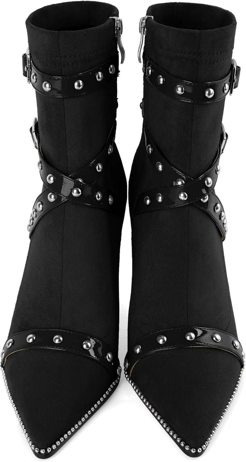 Joseywade Womens Ankle Booties 3.5 Inch Heel Stiletto Boots Beaded Studded Pointed Toe Side Zipper Suede Size 5-13 - Image 6