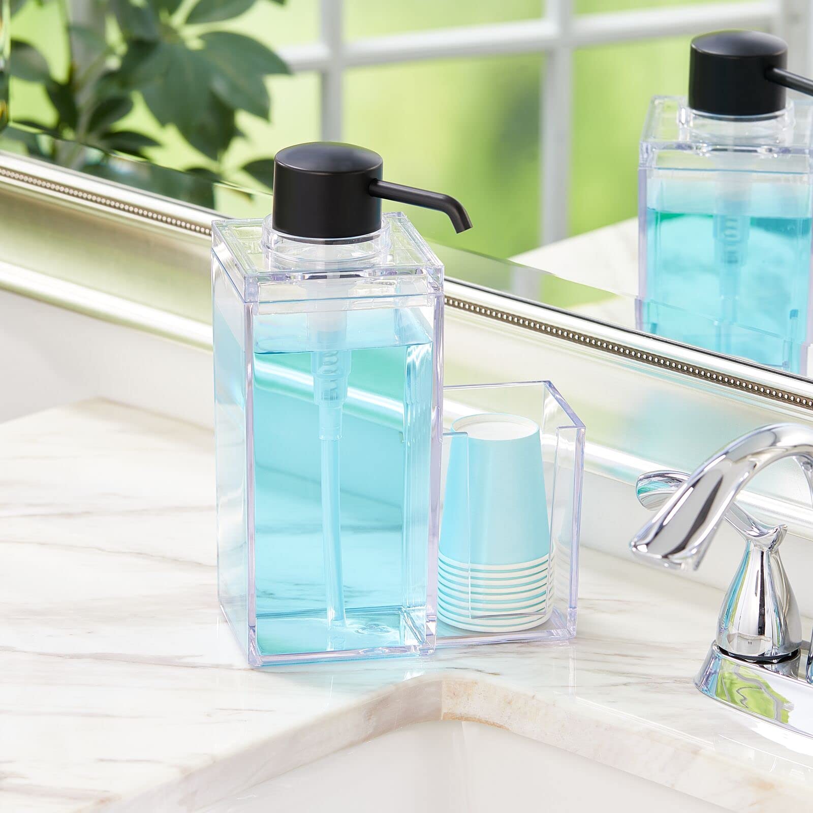mDesign Modern Plastic Mouthwash Pump Caddy and Disposable Cup Holder - Compact Storage Organizer for Bathroom Vanity, Countertop, Cupboard, Includes 8 Paper Cups - Clear/Matte Black