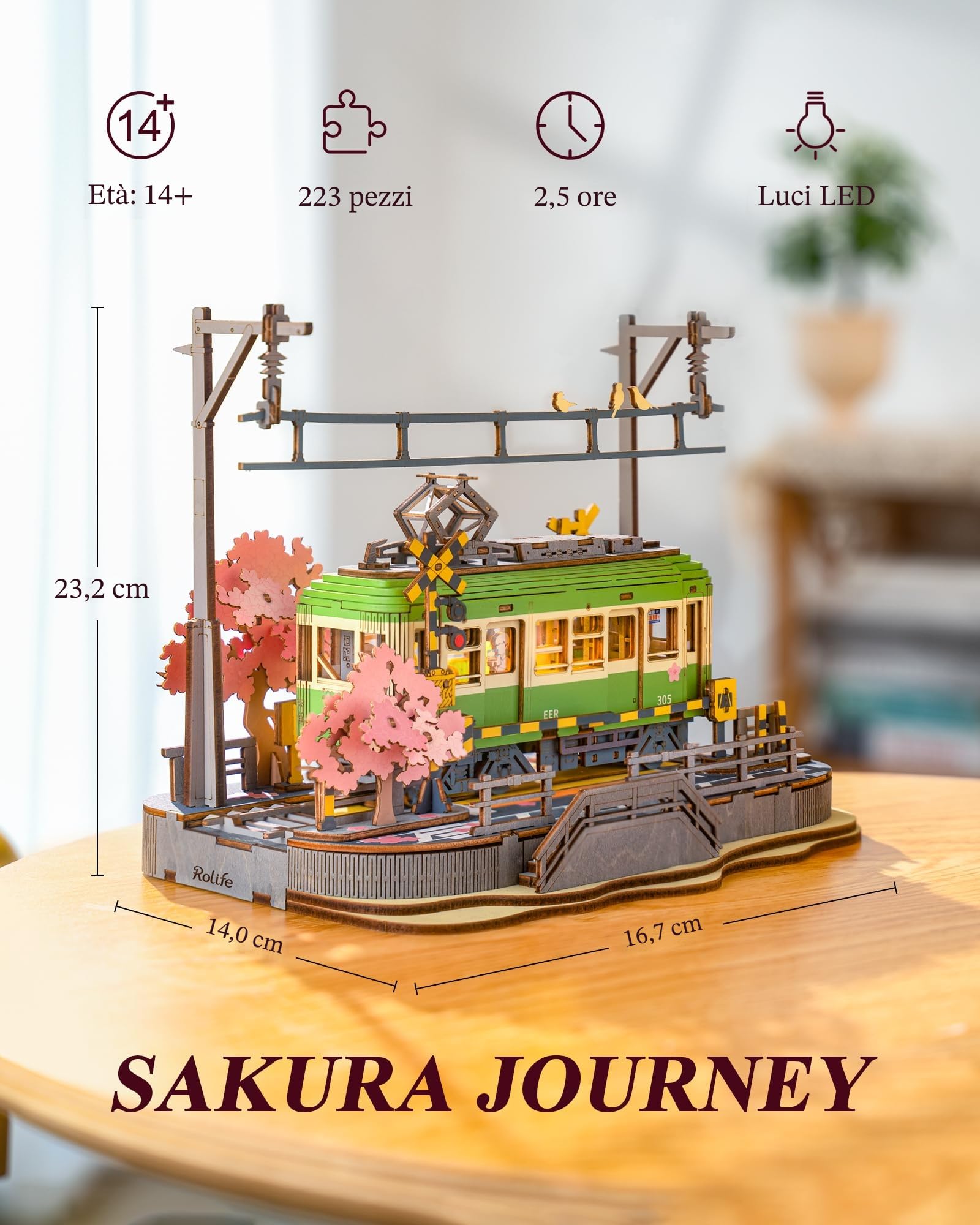 Rolife 3D Puzzle Viaggio Sakura Puzzle in Legno per Adulti da Costruire Kit Modello Sakura Densya con Luci LED Animazione Scena Casa Decorazione Regali di Compleanno Romantici per Lei/Lui
