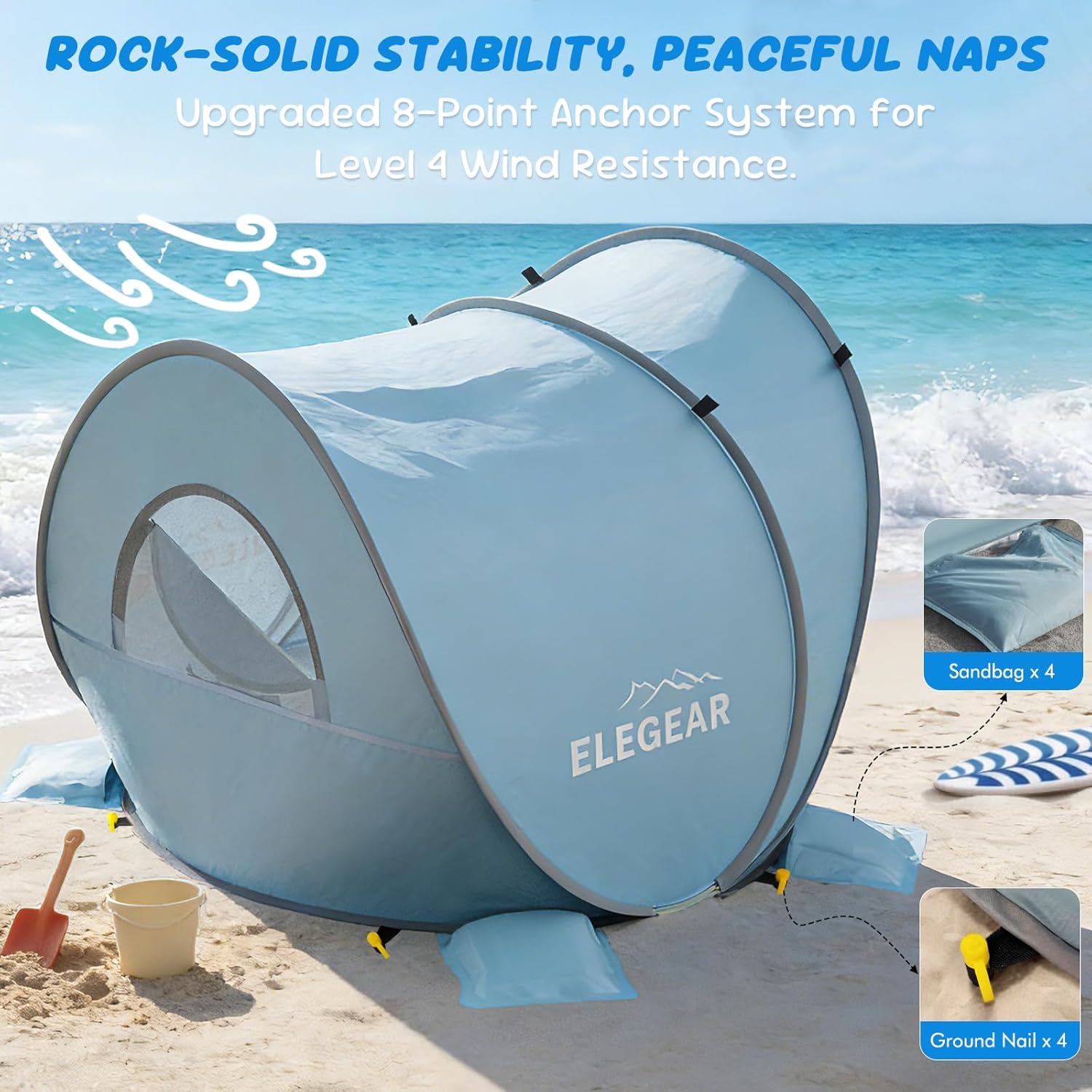 Elegear Pop Up Baby Beach Tent with Mini Canopy, CumbreX™ UPF 50+ UV Protection Baby Tent Sun Shelter, 1S Setup Portable Baby Beach Essentials Shade for Infant Toddler Outdoor Indoor Play - Blue