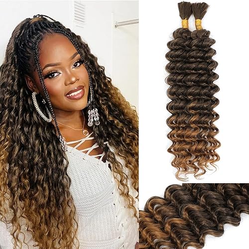 Miniatura 27 de Mezcla de cabello humano trenzado sintético de onda profunda a granel para trenzar, 16 pulgadas, cabello trenzado húmedo y ondulado, 2 piezas