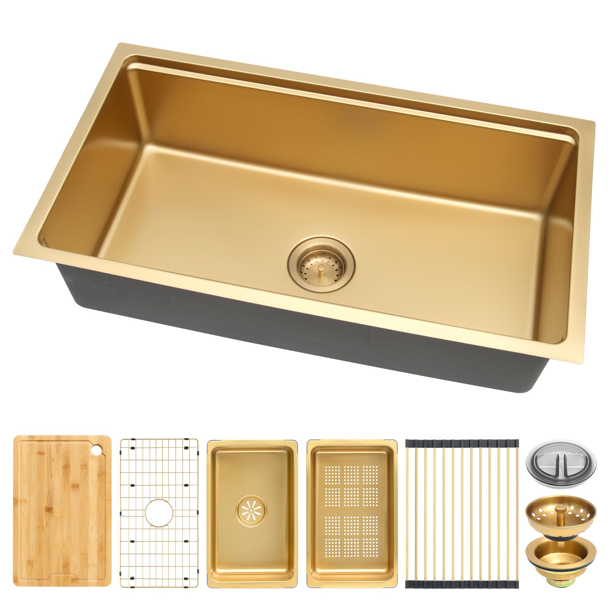 MILOSEN 32 Inch Gold Undermount Kitchen Sink, 32" x 18" Gold Workstation Sinks, Stainless Steel Single Bowl Sink with Custom Accessories, Modern Under Counter Design, 9'' Large and Deep Kitchen Sinks