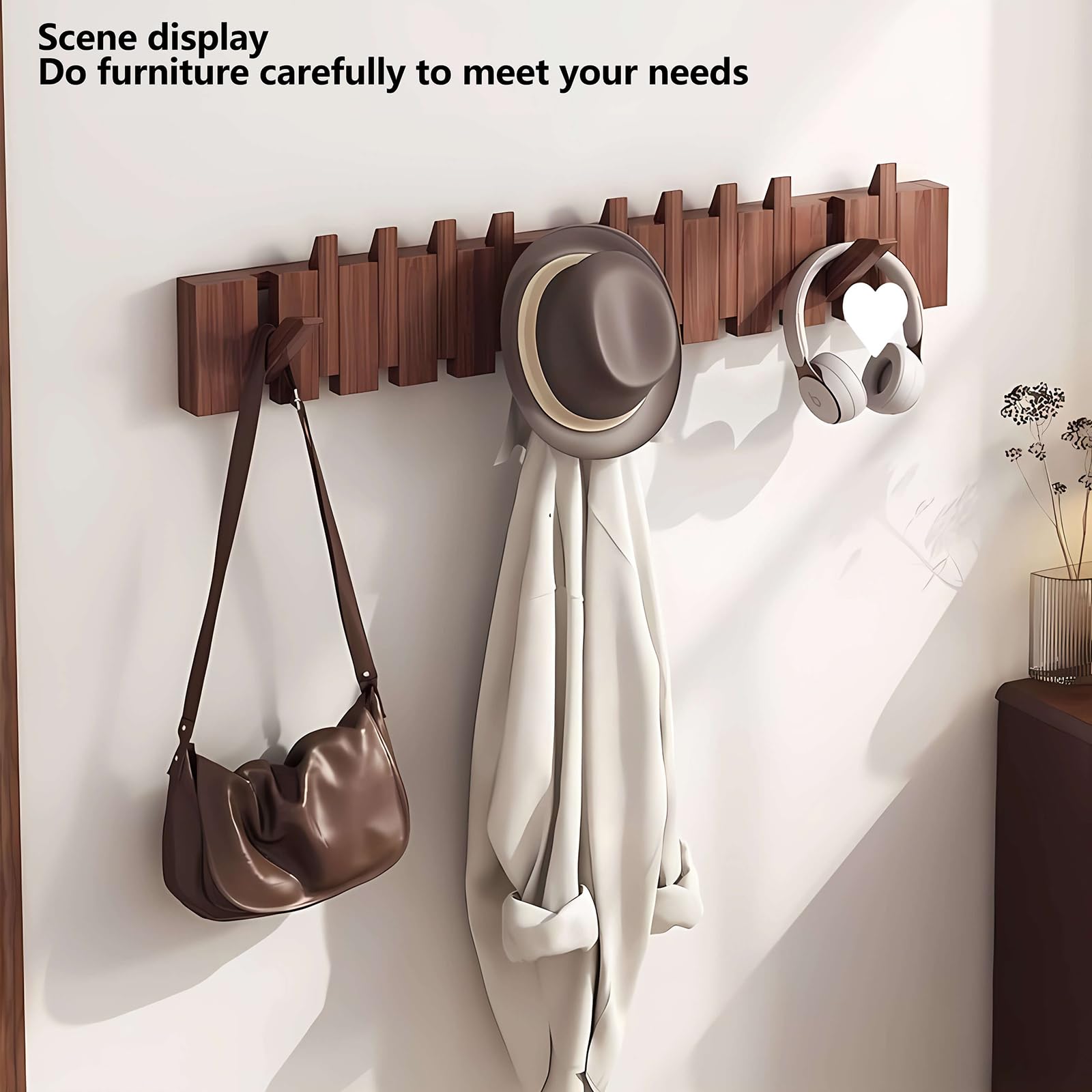 Perchero de pared de estilo clásico de nogal con 6 ganchos, ganchos para llaves de piano, perchas de madera maciza natural, perchas de tela no tejida para armario, cocina, dormitorio, baño,