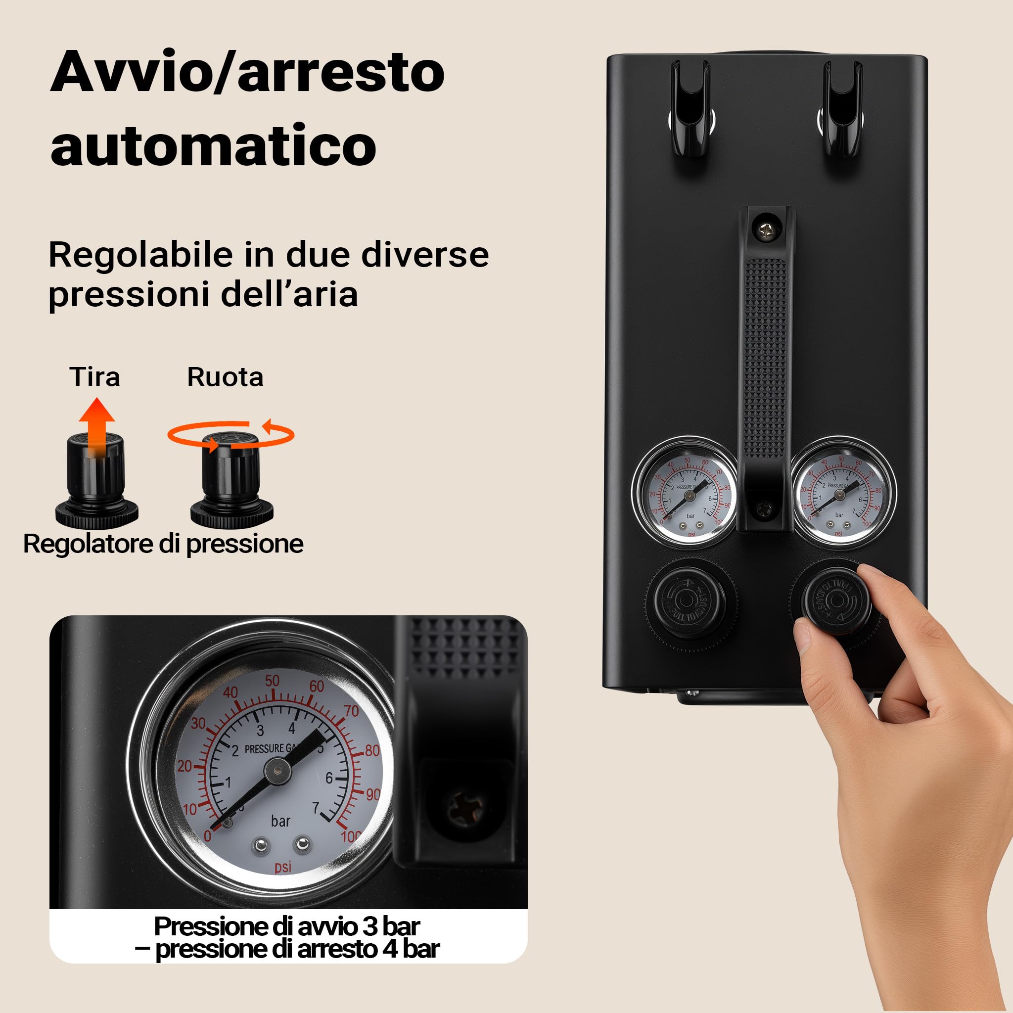 Wiltec Compressore aerografo AS18TA 1/6 CV, compressore ad aria con portata d'aria compressa 20-23 l/min, 2 attacchi per pistola aerografo, manometro, per modellismo, decorazione unghie