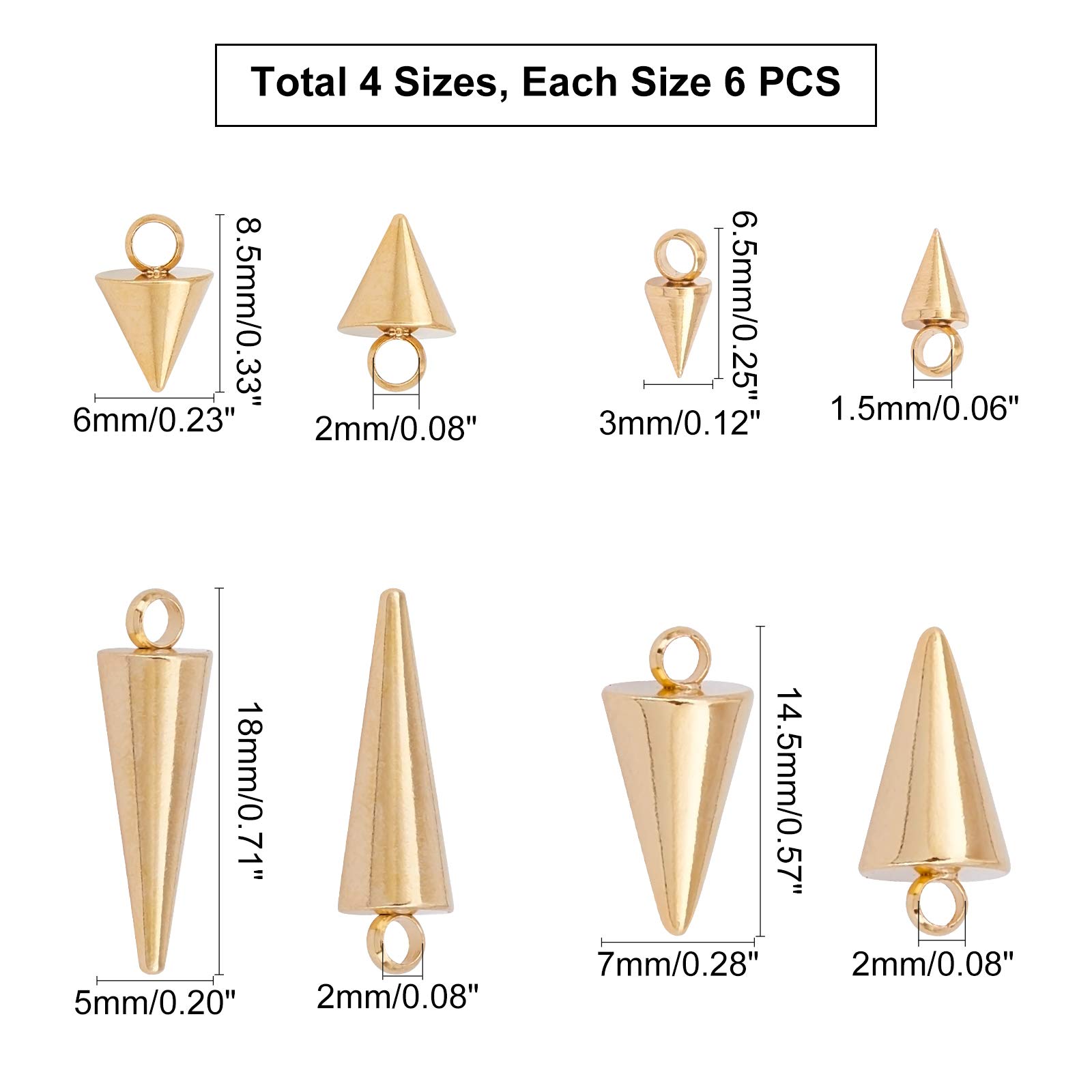 UNICRAFTALE 60 Stück Edelstahl Kegel Charm 6 Größen Hypoallergen Punk