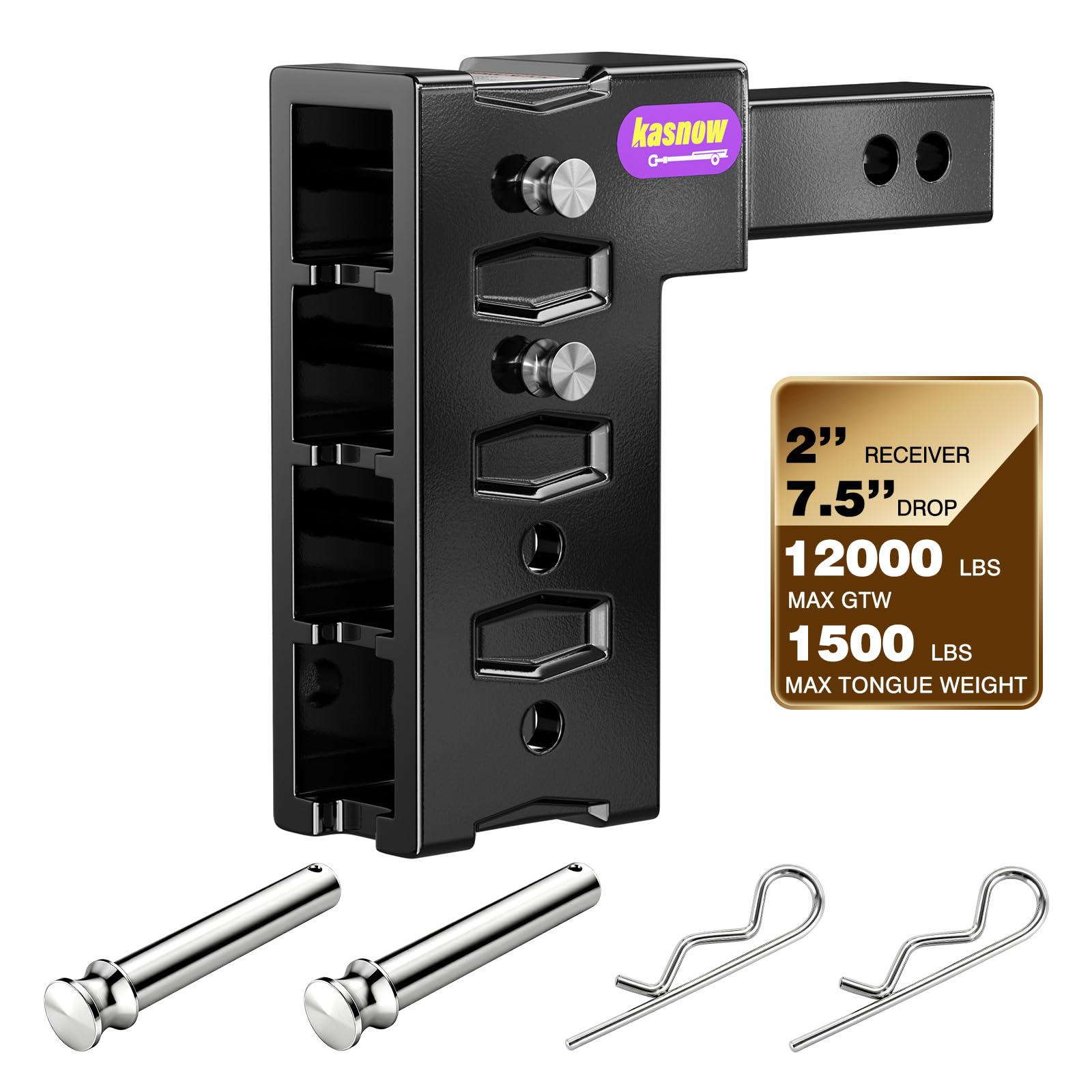 Adjustable Trailer Hitch Shank for 2" Receiver(12,000LBS GTW), Heavy Duty Tow Hitch with 7.5" Drop/Rise with Locking Hitch Pins, Drop Hitch for Trucks, Pickups, RV, Towing