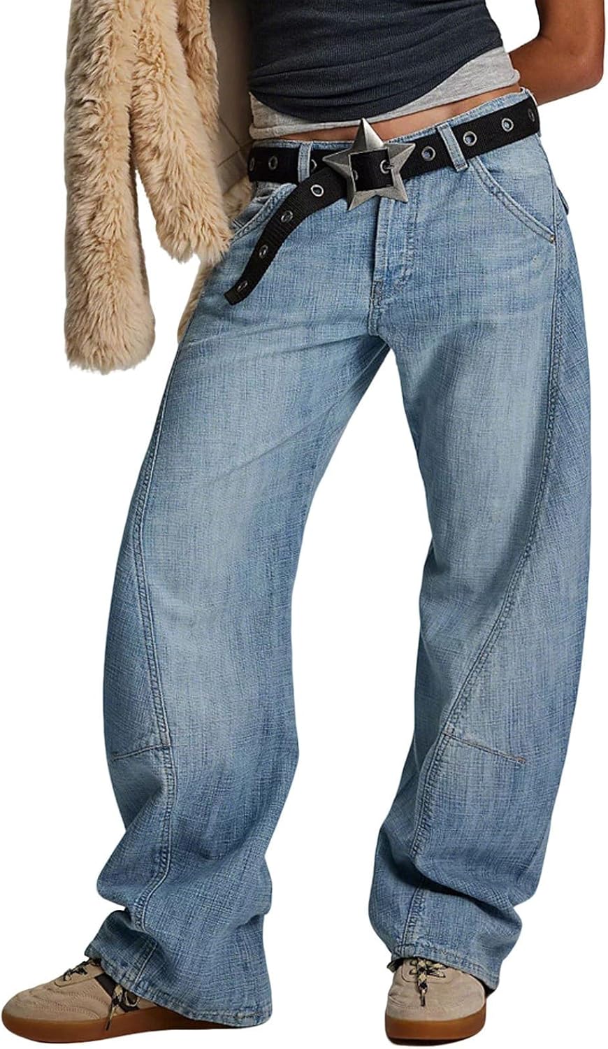 loveimgs Women Baggy Barrel Jeans Mid Rise Wide Leg Jeans Seam Front Patchwork Denim Pants Boyfriend Harem Sweatpant Trousers