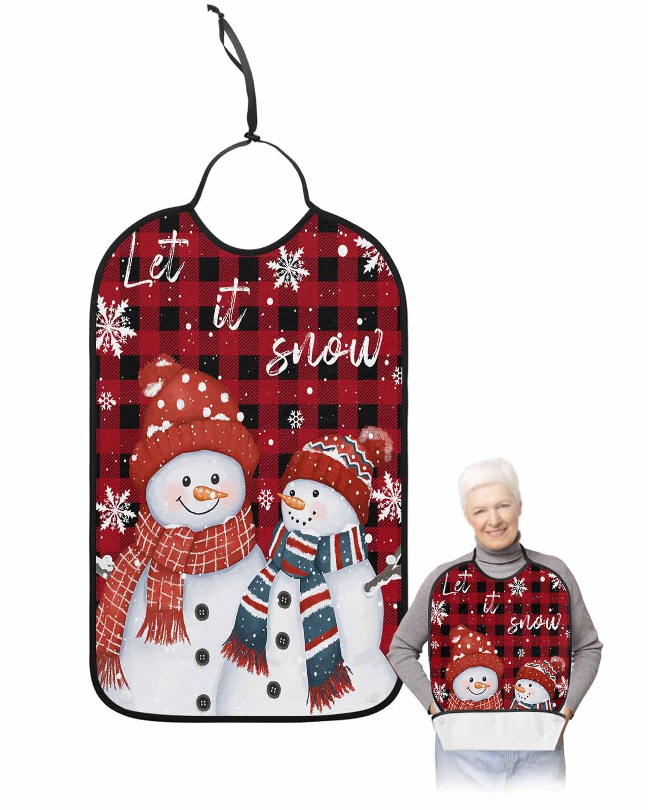 Christmas Adult Bibs for Eating, Christmas Snowman Red Black Buffalo Classical Washable Elderly Adult Bibs for Men Women Large Reusable Adjustable Clothing Protector with Optional Crumb Catcher