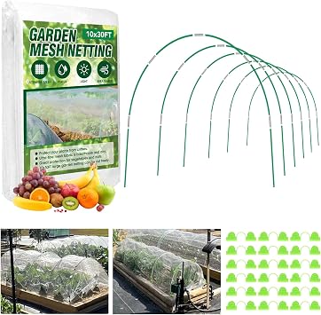 Garden Netting Kit, 10x30FT Ultra Fine Mesh Netting &6 Sets of 8FT Fiberglass Garden Hoops for Raised Beds, Vegetable Plants Fruits Flowers Birds Animals Barrier Protection Net