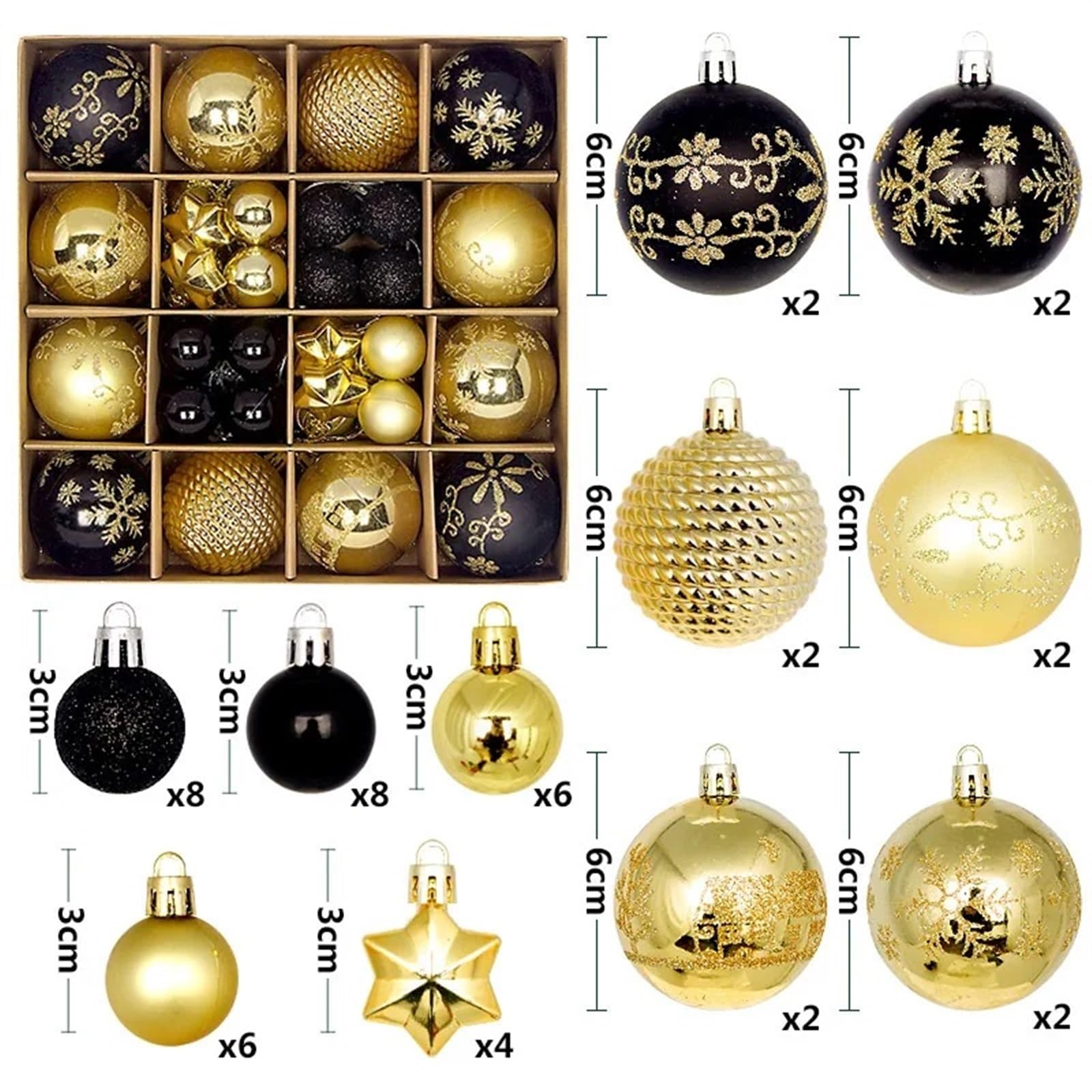 44 adornos de bolas de Navidad pintadas irregulares de 3 a 6 cm, bola de plástico galvanizado, decoración para árbol de Navidad