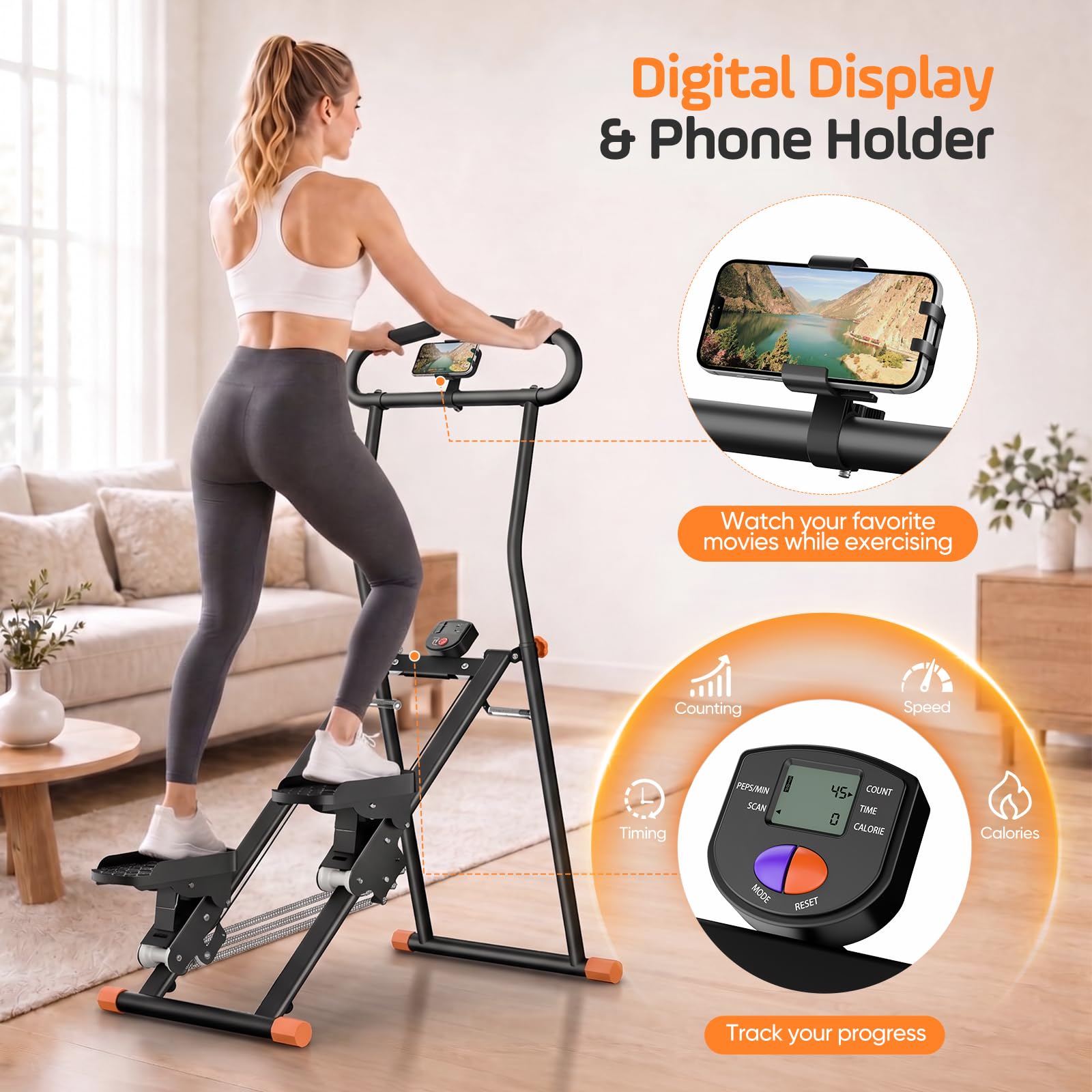 Stepper Home Fitness - Crosstrainer in metallo con LCD, 3 livelli di resistenza | Supporto per telefono, regolabile in altezza, portatile, per fitness, fino a 150 kg, nero