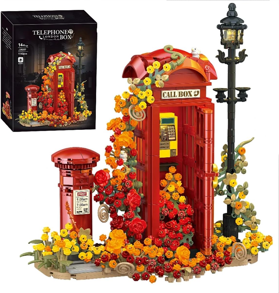 London Retro Red Telephone Booth Architecture Set with LED Lighting, Creative Flores Phone Box for The Office and Home Set, Adult Collector Decor 1142pcs
