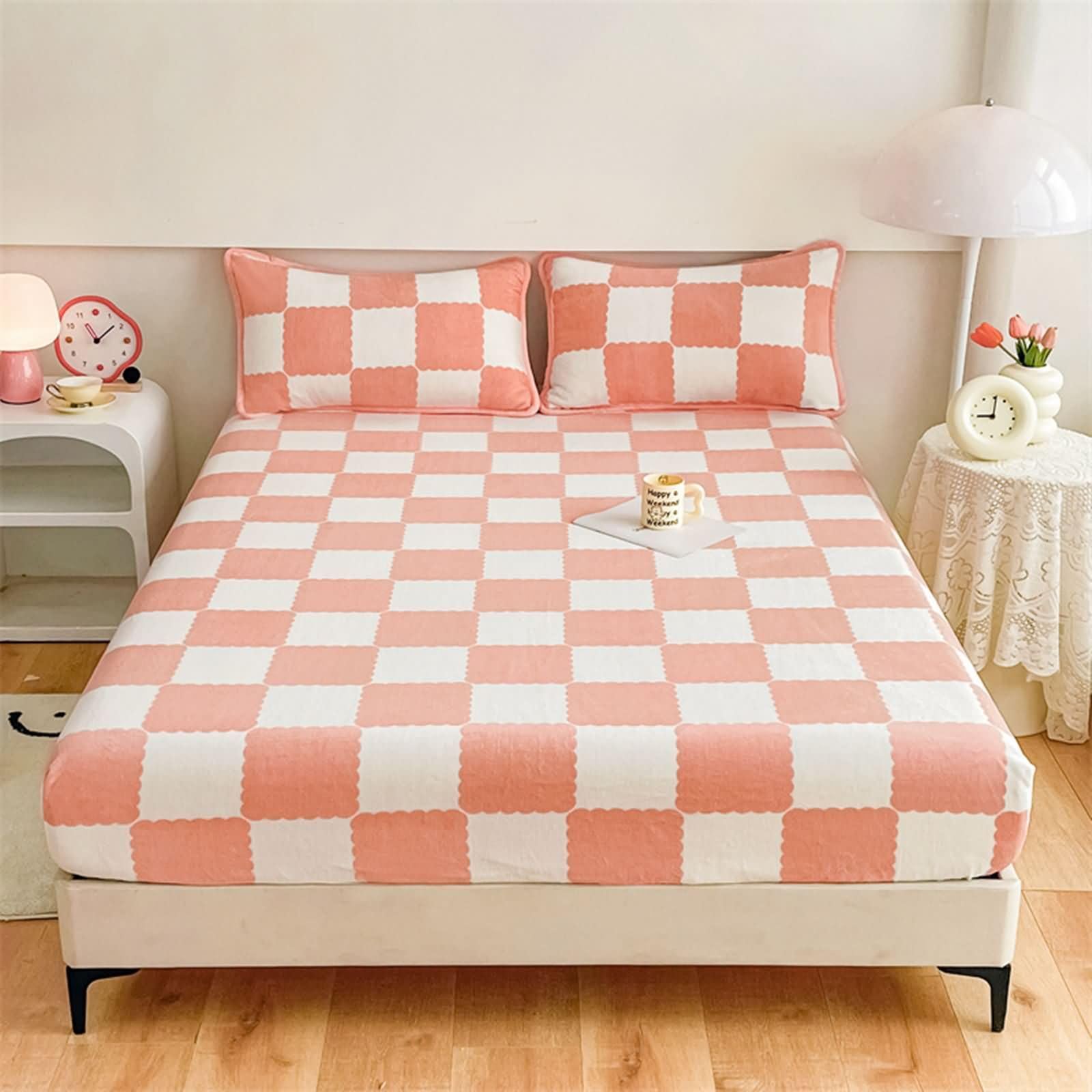 KnSam Prześcieradło z gumką 200 x 220 cm, składane, wzór w kratkę, aksamitne, tekstylia, klasyczne artykuły i pościel, pokrowiec na łóżko, łososiowy, różowy, do łóżka kontynentalnego i łóżka wodnego