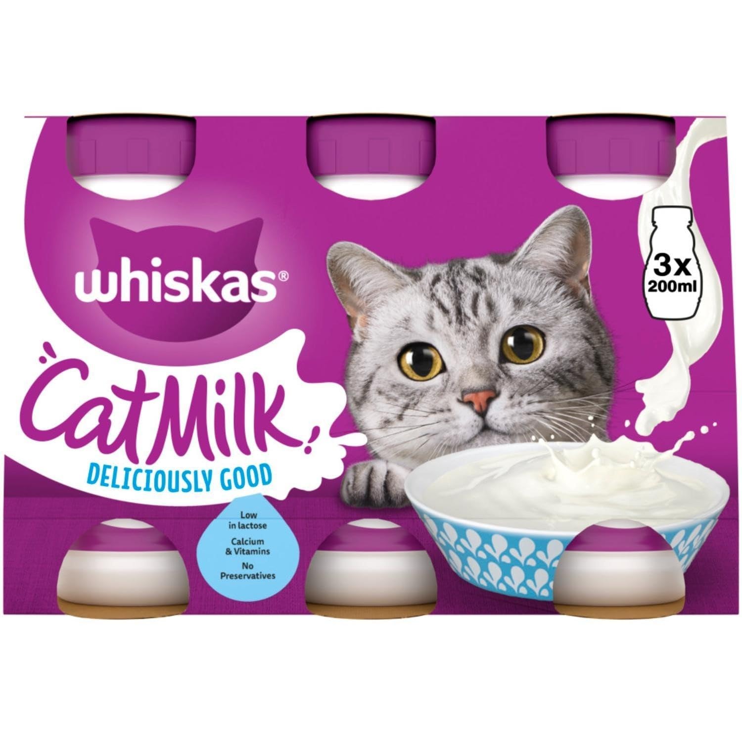 Whiskas Adult Cat Milk Bottles Low Lactose Cat Treat No Preservatives 30 x 200ml