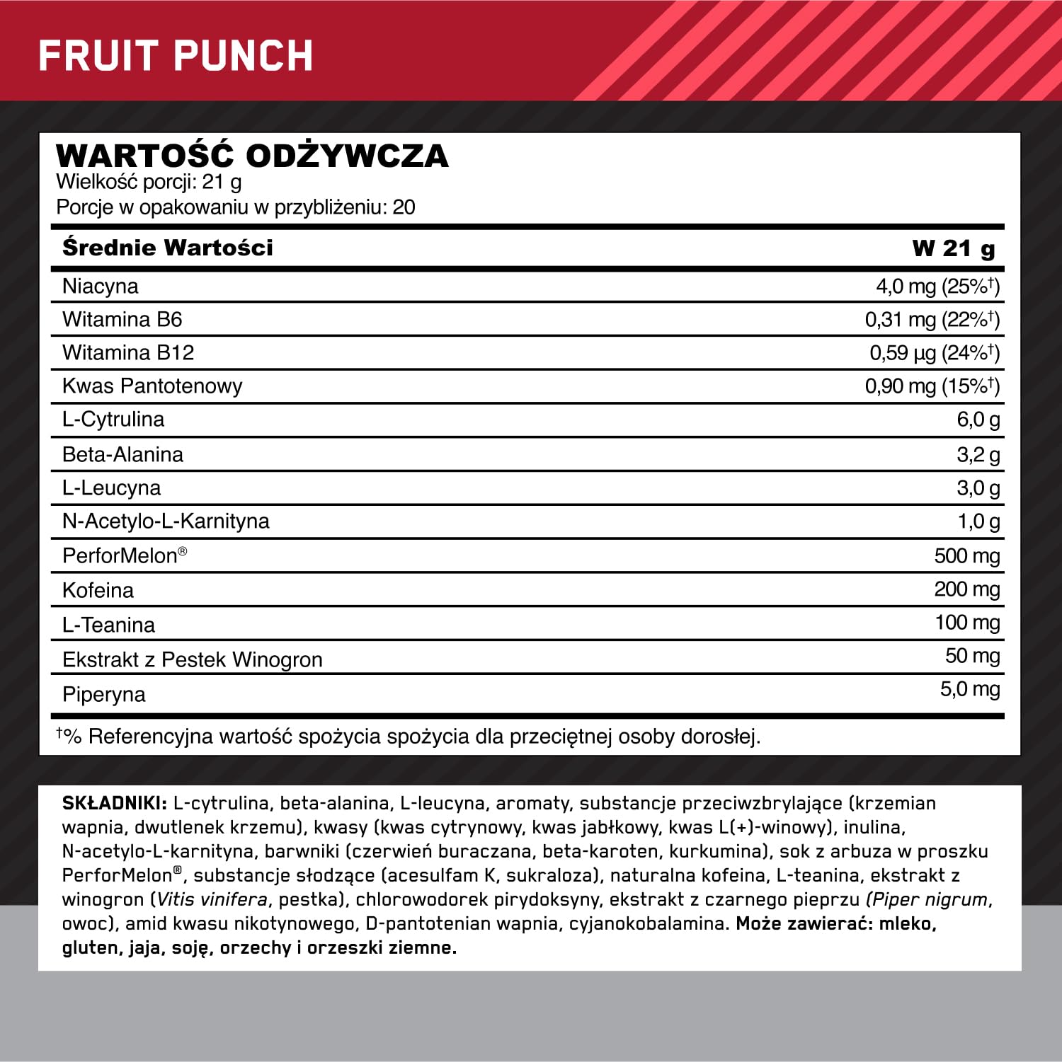 Optimum Nutrition Gold Standard przedtreningowa odżywka energetyczna z monohydratem kreatyny, beta-alaniną, kofeiną i wit. B12 i B6, smak Fruit Punch, 20 porcji, 420 g