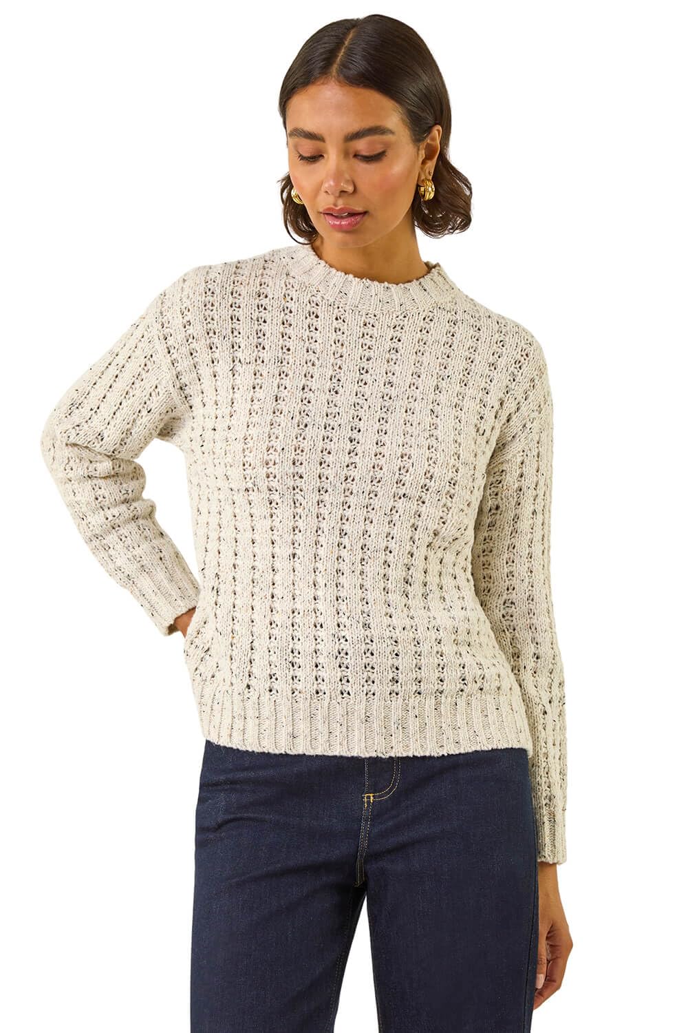 Roman Women's Light Grey Textured Knit Jumper In Size 14