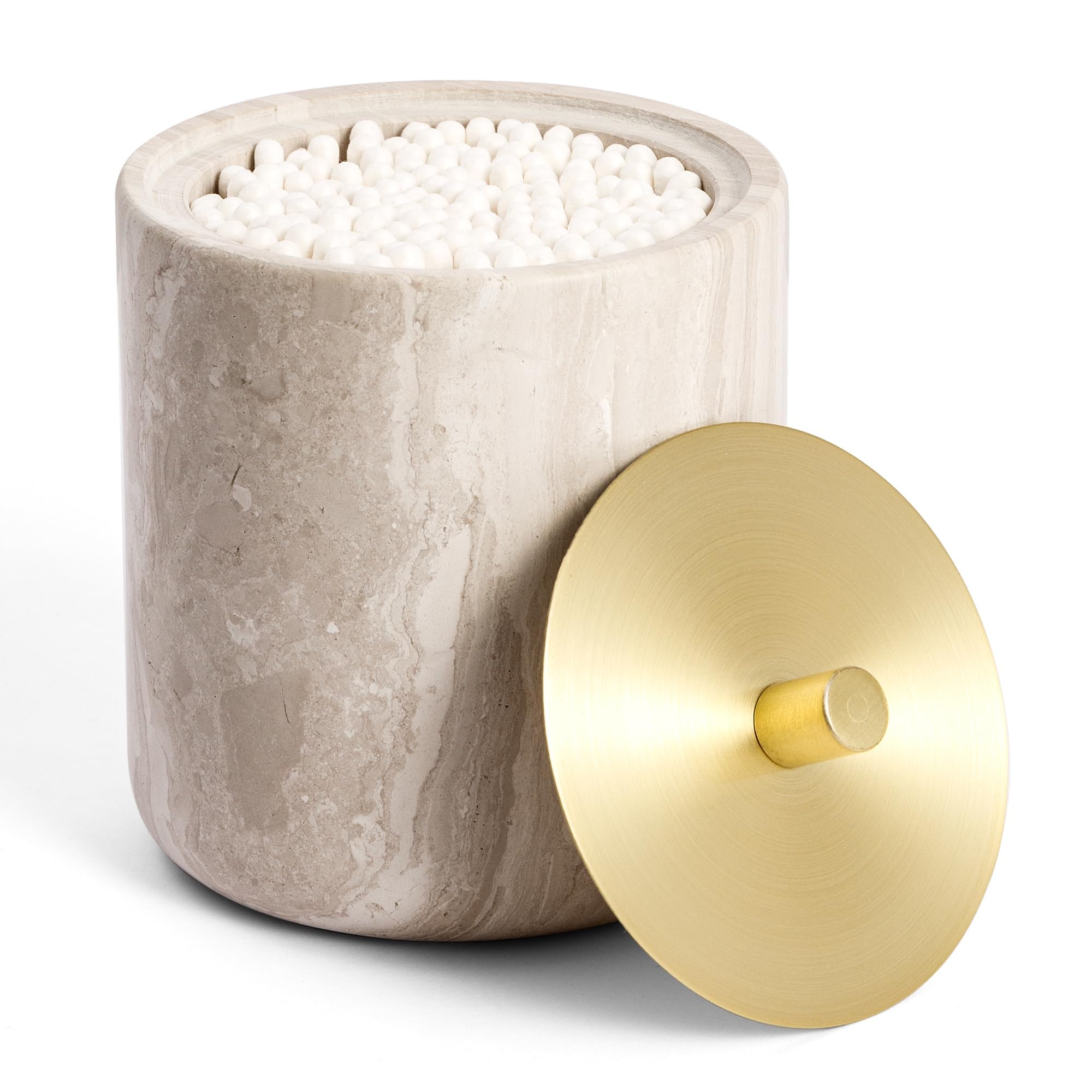 WORHE Travertine Stone Canister Natural Marble Cotton Bud Holder with Lid