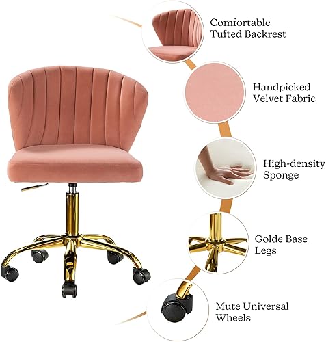 Miniatura 4 de TINA'S HOME Sillas de escritorio de oficina con ruedas y base dorada, moderna silla de oficina sin brazos de terciopelo, silla giratoria ajustable