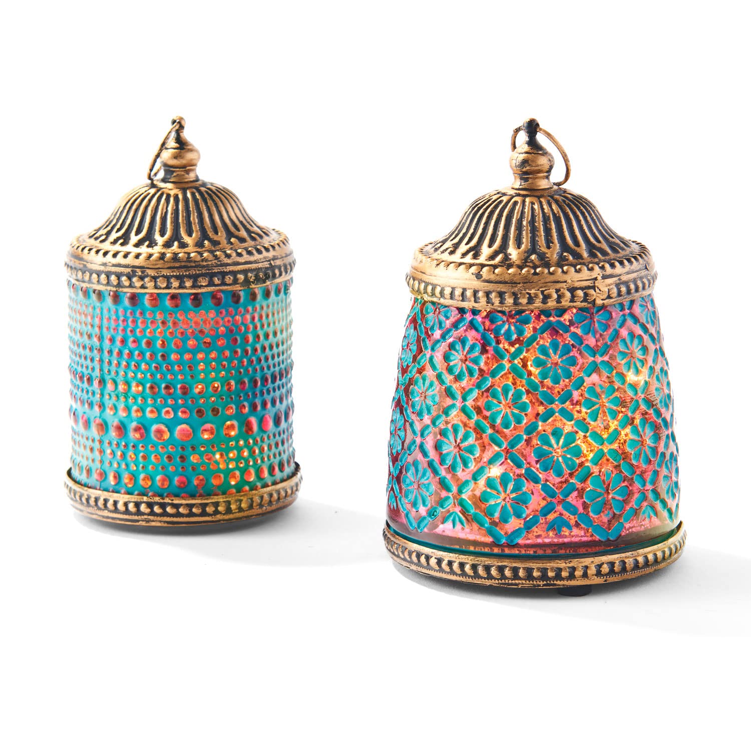 Blue and Pink Lanterns, Moroccan Style - 2 Pack, Small (5 Inch), LED Lights Inside, Antique Gold Accents, Eid & Ramadan Decorations, Wedding Decor, Battery Operated