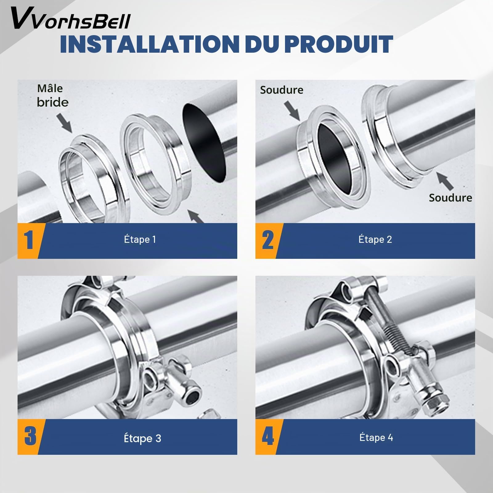 Collier de serrage en acier inoxydable de 6,3 cm(2,5") à dégagement rapide en V - Collier de serrage turbo en acier inoxydable 304 avec bride mâle femelle - Compatible avec moteur diesel