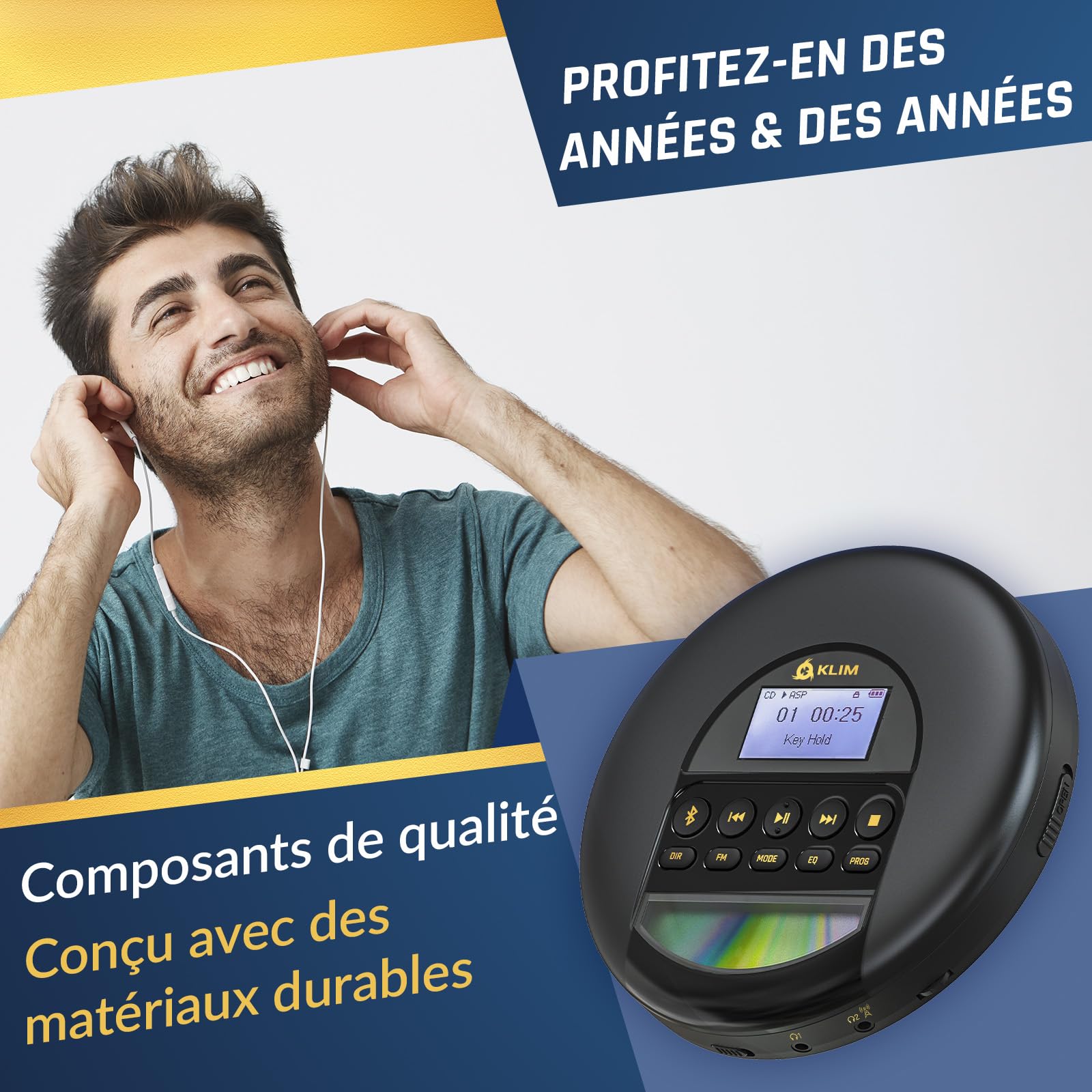 KLIM Nomad - Nouveauté - Lecteur CD Portable - Batterie Intégrée Longue Durée - avec Écouteurs - Compatible CD-R, CD-RW, MP3 - Bluetooth Baladeur Lecteur CD pour Voiture, Maison, Extérieur - Or