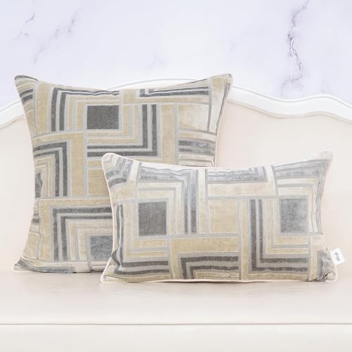 Miniatura 3 de Alerfa Funda de cojín cuadrada de terciopelo de 18 x 18 pulgadas con diseño geométrico a cuadros, color blanco y gris, moderna, funda de almohada