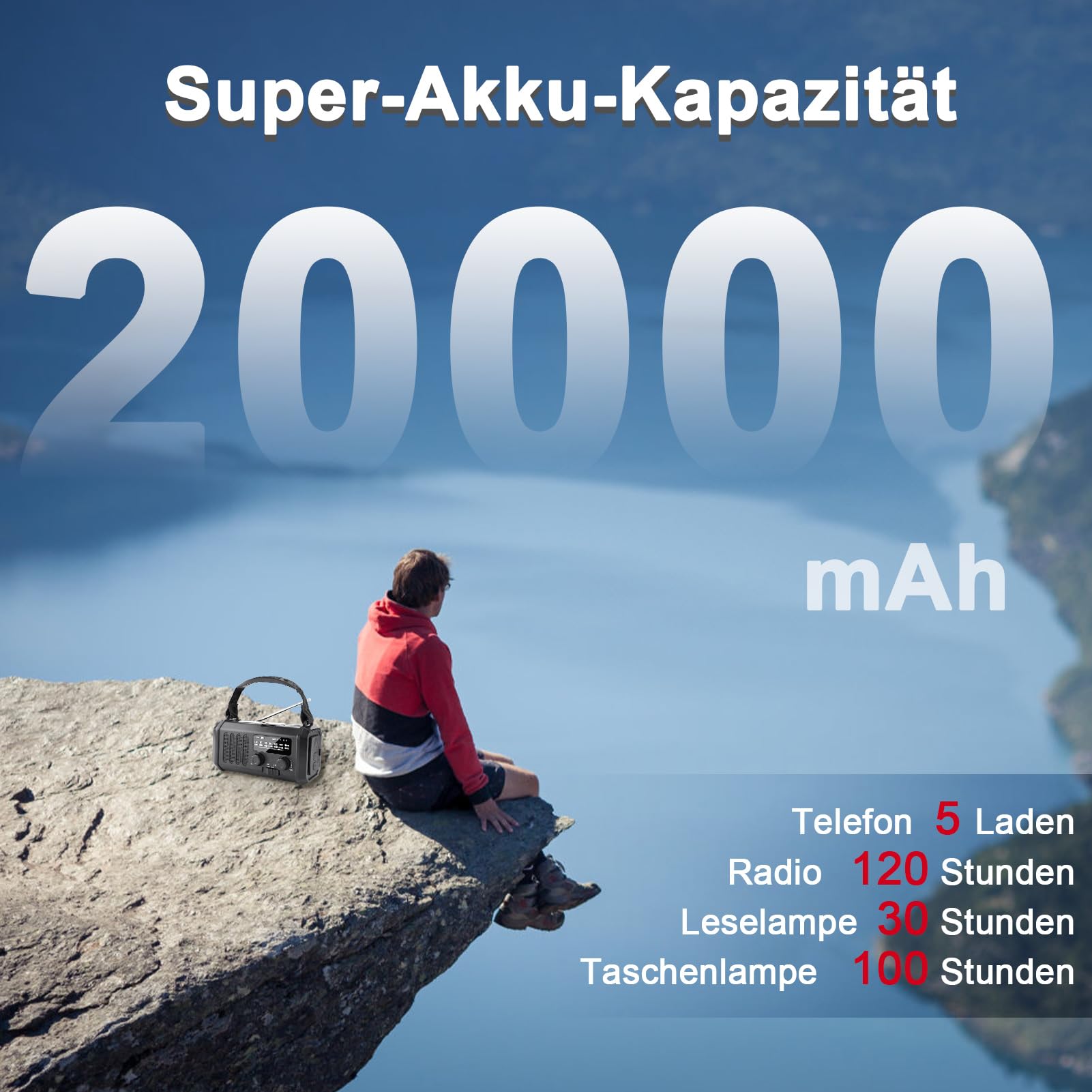YIKANWEN Radio a ghirlanda con 20000 mAh batteria ricaricabile, radio solare portatile, radio di emergenza con dinamo AM/FM, power bank, lampada da campeggio LED, allarme SOS, bussola (nero)