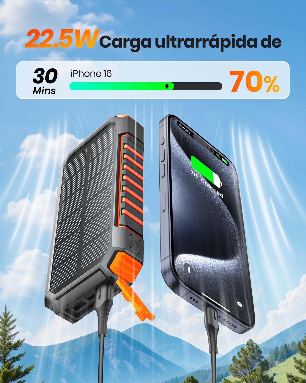 Cargador-Solar-Power-Bank-20000mAh - A ADDTOP 22,5W USB C Carga Rápida Batería Externa Inalámbrica con 2 Cables Integrado y Linternas, Cargador Portátil para Teléfono Tabletas (Naranja)