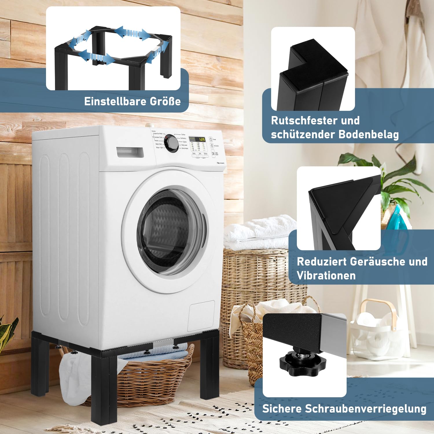 Fiqops waschmaschinen untergestell, Verstellbare Rostfreier Waschmaschine Untergestell 50-80cm,waschmaschine untergestell mit Einstellen der Skala,Untergestell für waschmaschine,Schwarz