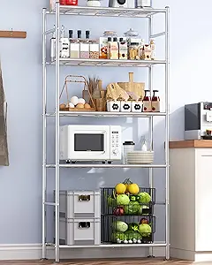 Storage Shelves - 5 Tier Shelf Organizer, Heavy Duty Garage Shelving Unit with Leveling Feet, Stable Metal Shelves Organizer for Pantry, Kitchen and Closet, 33.0" W x 12.6" D x 72.0" H, Silver