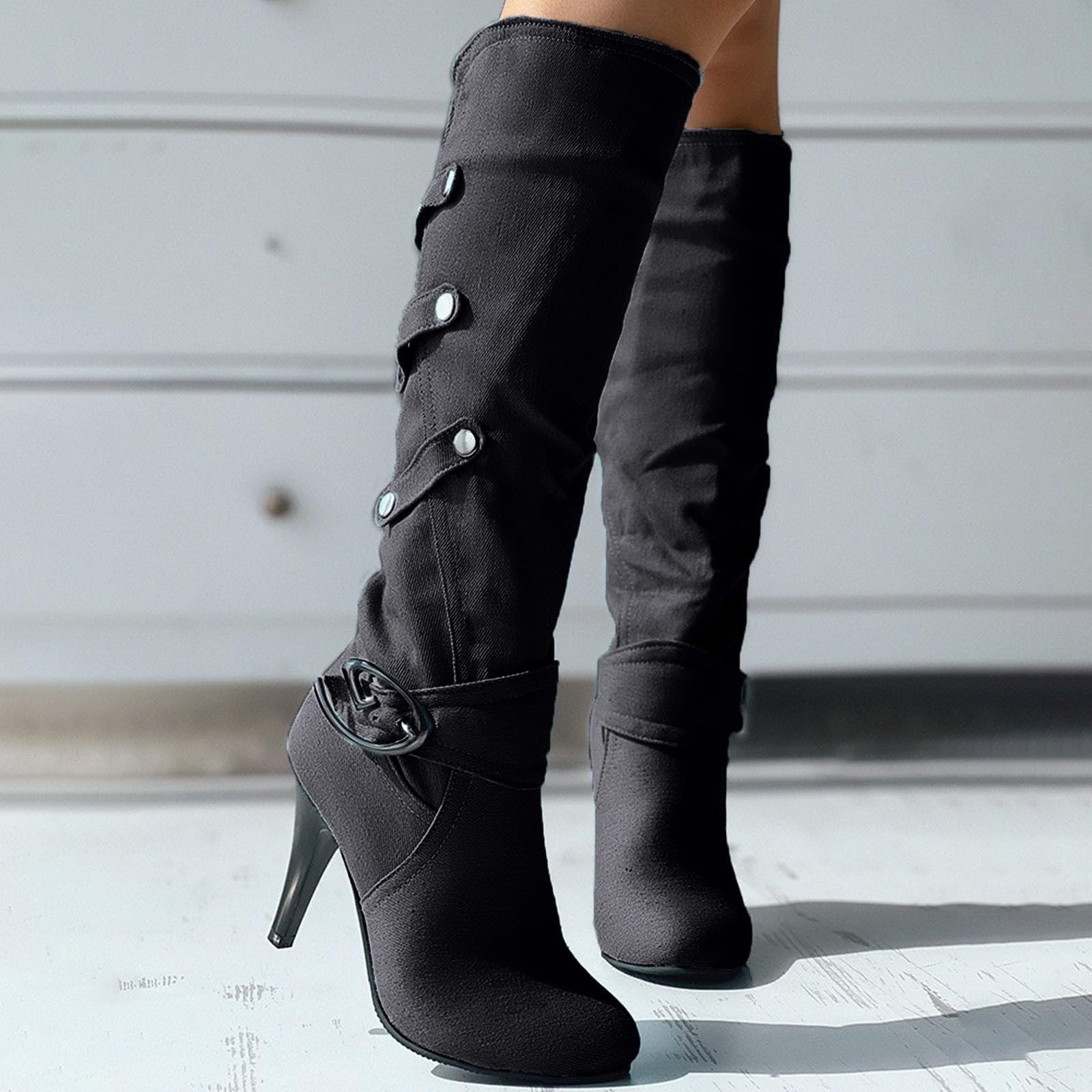 Botas de Invierno Mujer Zapatos de Mujer tamaño, otoño e Invierno, Nueva Tela Vaquera, Tacones Gruesos, Botas Altas con Hebilla, Largas para niños