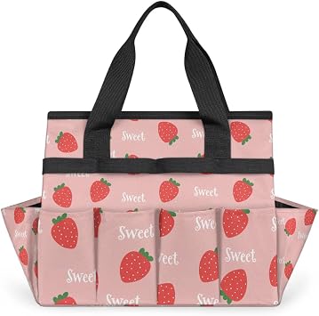 Garden Tool Bag Strawberry Plant Design Gardening Tool Organizer Storage Tote Bags with 10 Pockets for Women Men Hand Tool Kit Holder with Handle, Tools Not Included