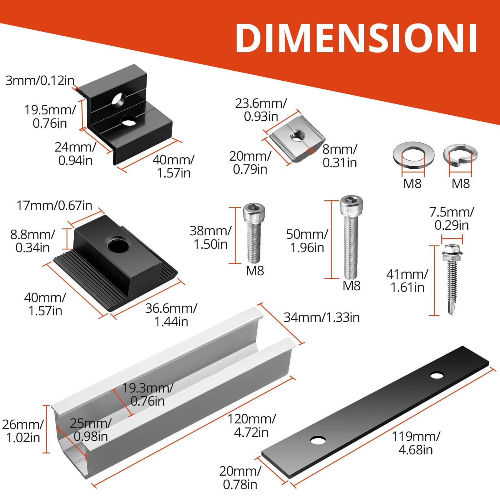 GETLITOOL Set Guide Morsetti Regolabili per Pannello Solare 30-35 mm, 6 Binari 120x25mm, 4 Morsetti Terminali, 2 Staffe Centrali