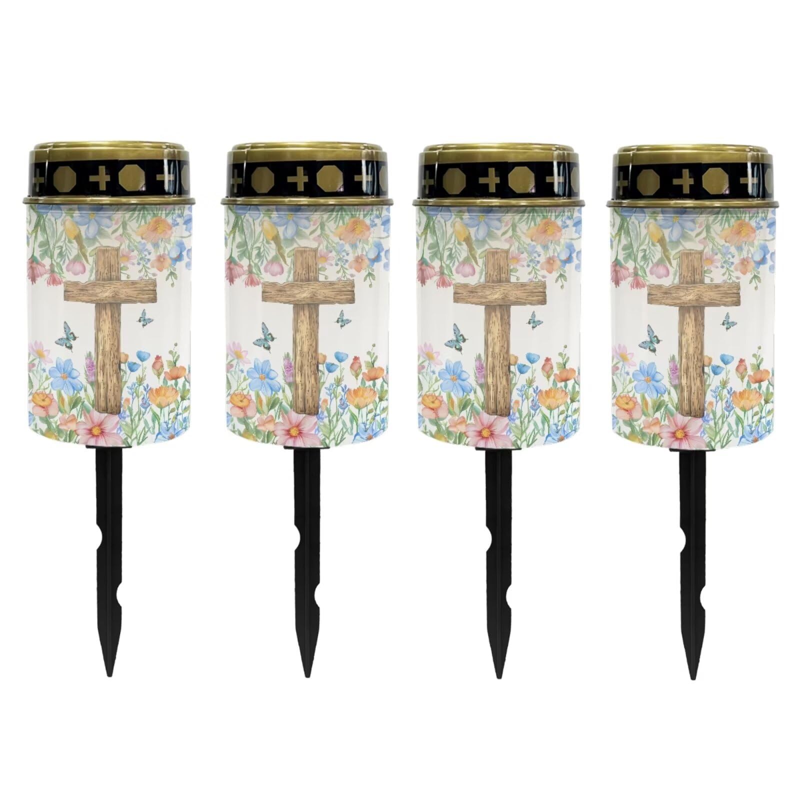 Poceacles Cross Solar Lights Solar Cemetery Lights Solar Grave Lights Outdoor Waterproof Decoration Pathway Lights Garden Solar Candle for Memorial Day Decor, Flower Butterfly Cross, Pack of 4