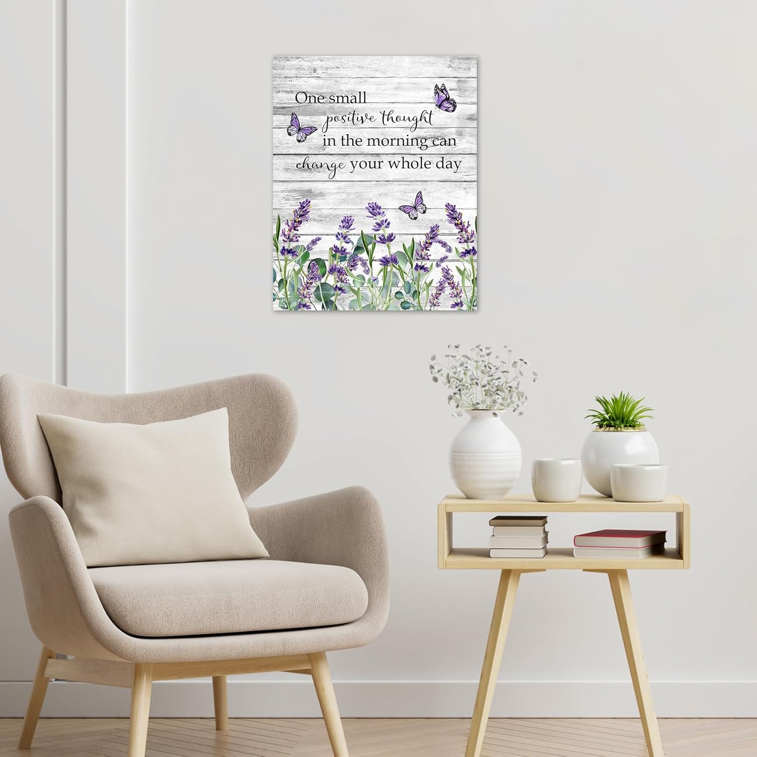LB Purple Floral Wall Art for Bathroom Spring Lavender and Green Eucalyptus Canvas Wall Art Framed Wall Paintings Inspirational Wall Pictures for Living Room Bedroom Office Ready To Hang,16x24 Inch
